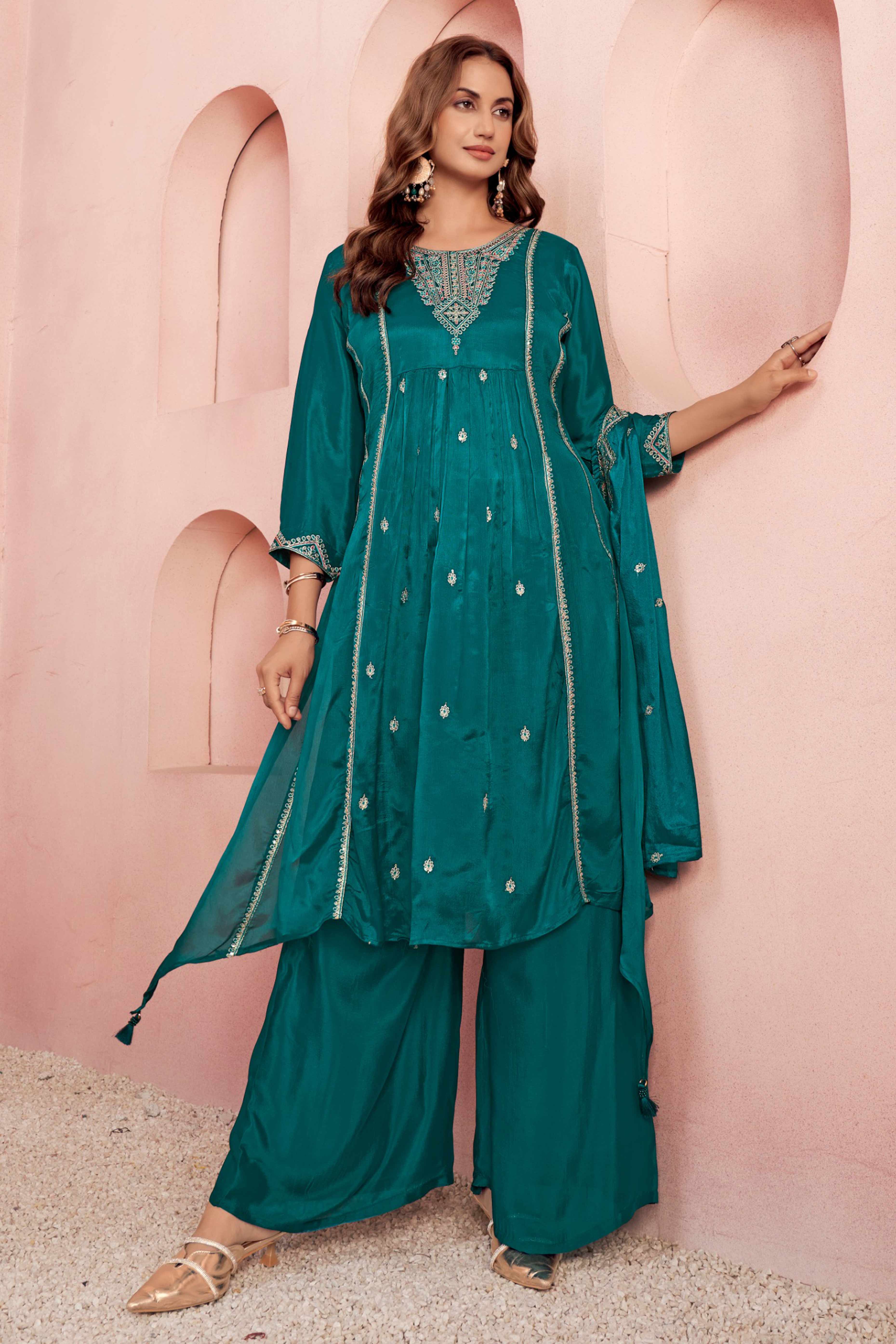 Teal Viscose Chinon A-Line Suit with Elegant Thread Embroidery