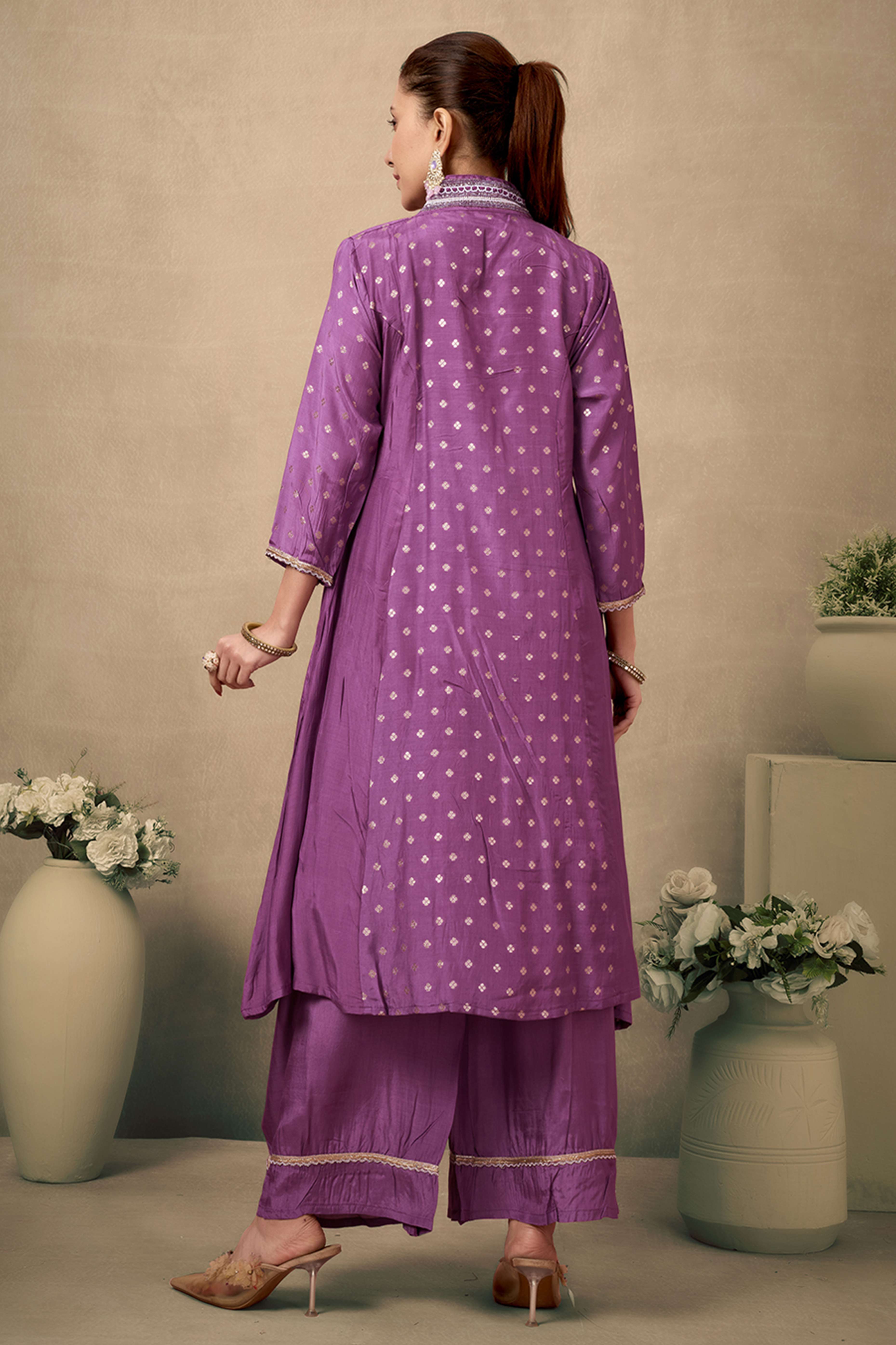 Lavender Silk Blend A-Line Top Bottom Set With Zari Weaving And Stone Work