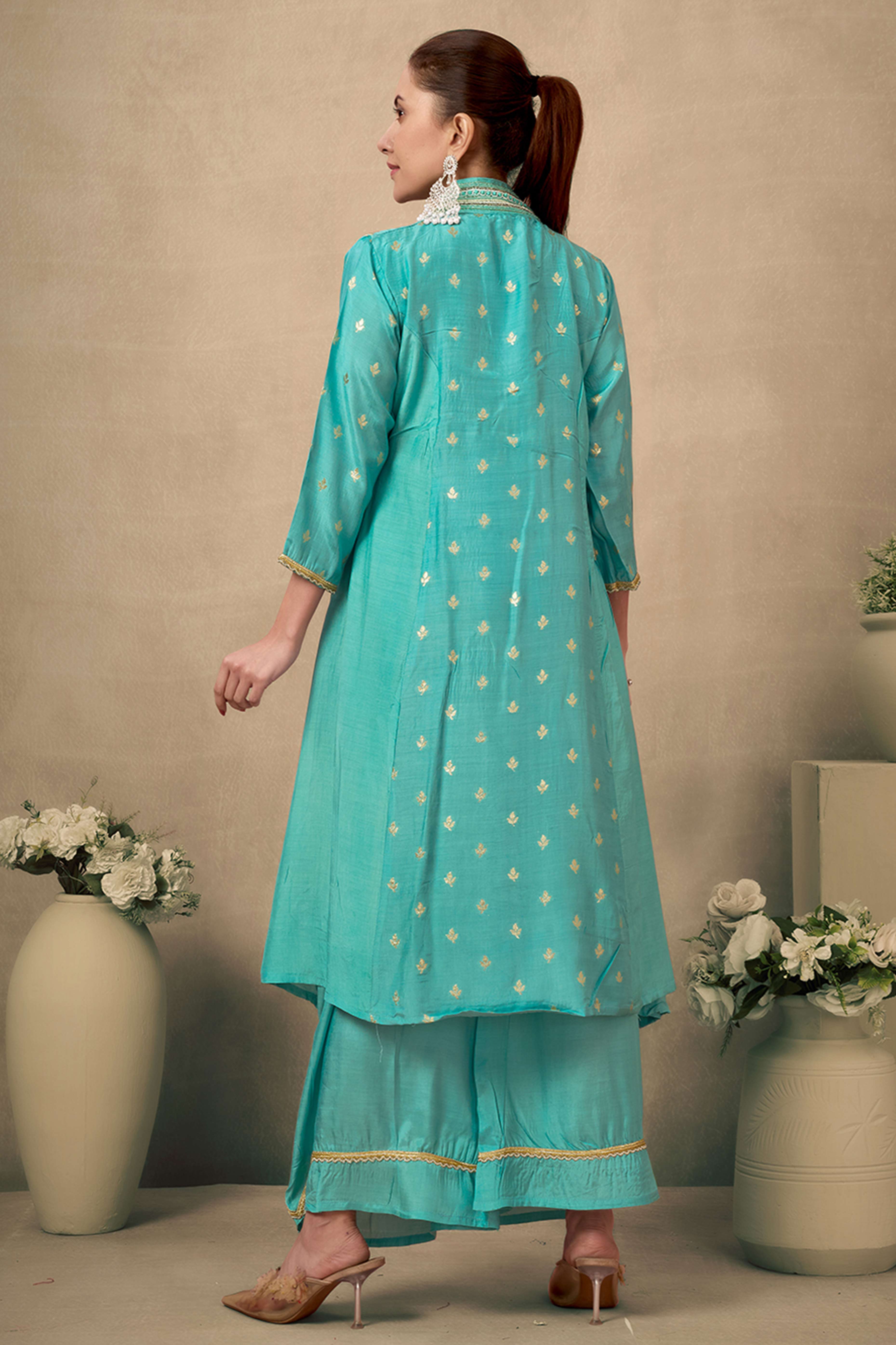 Turquoise Silk Blend A-Line Top Bottom Set With Zari Weaving And Stone Work