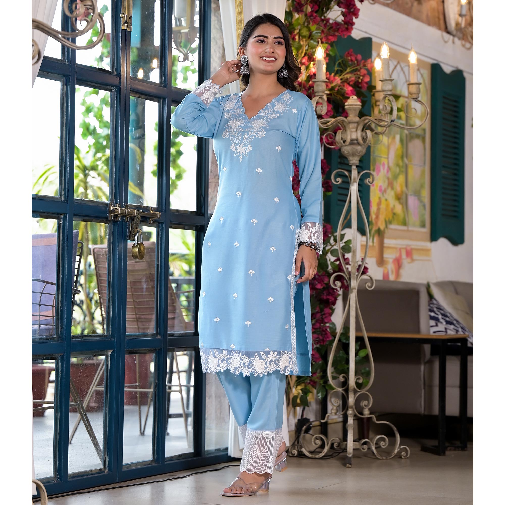 Blue Embroidered Rayon Straight Kurti Sets