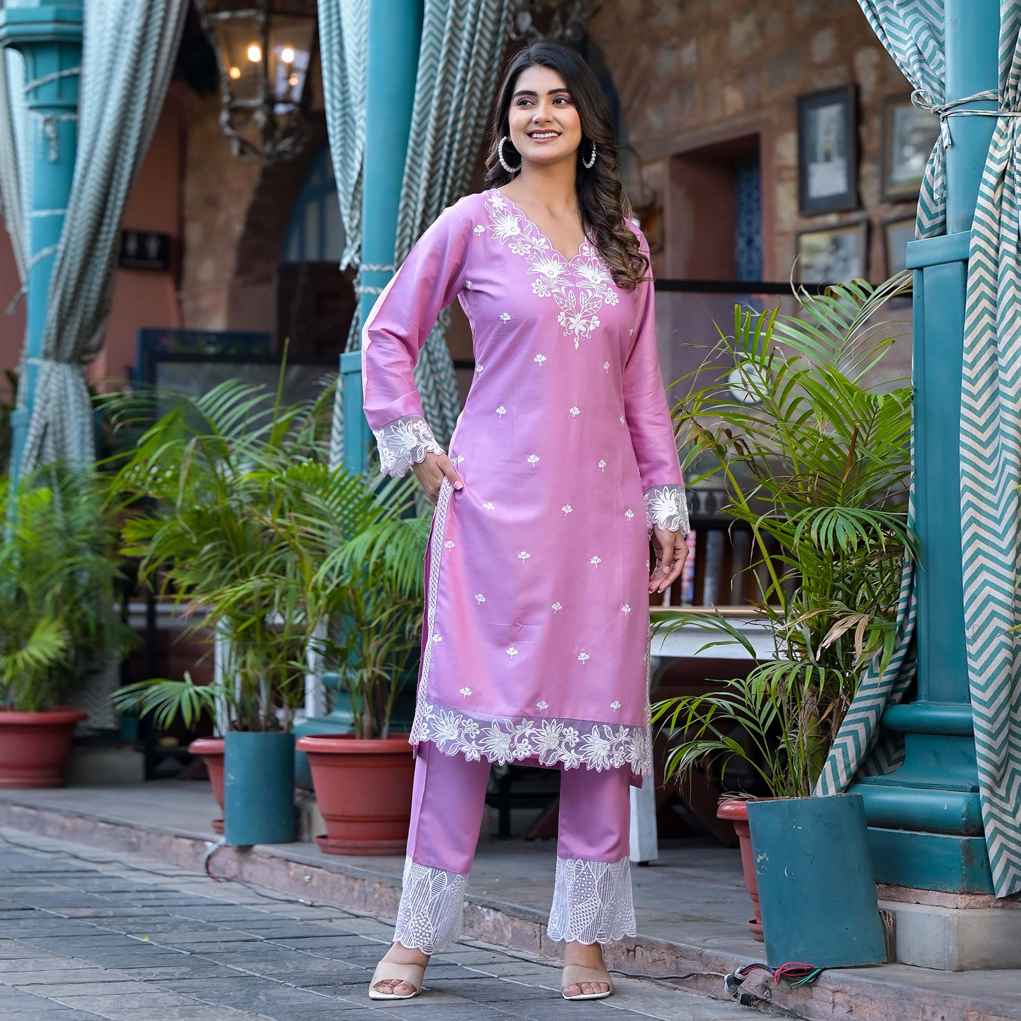 Pink Embroidered Rayon Straight Kurti Sets