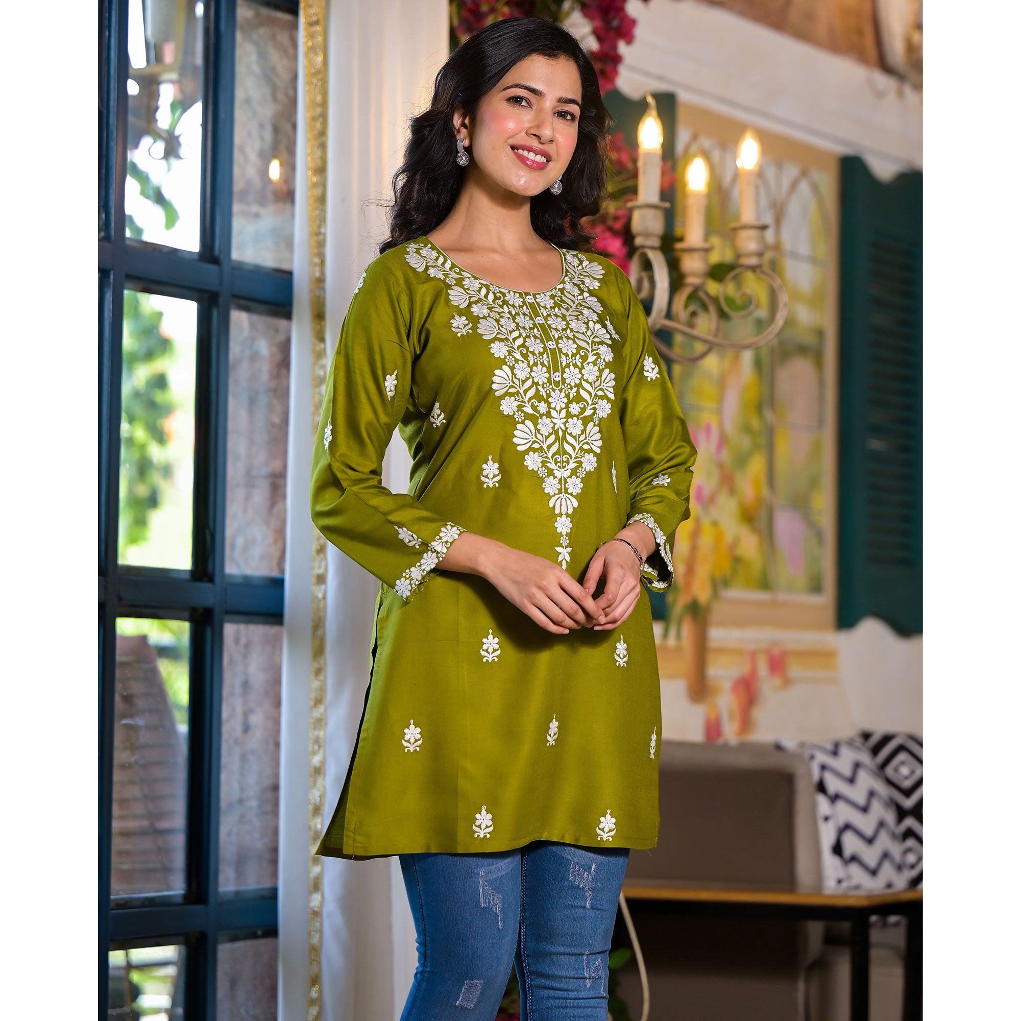 Green Embroidered Rayon Straight Top
