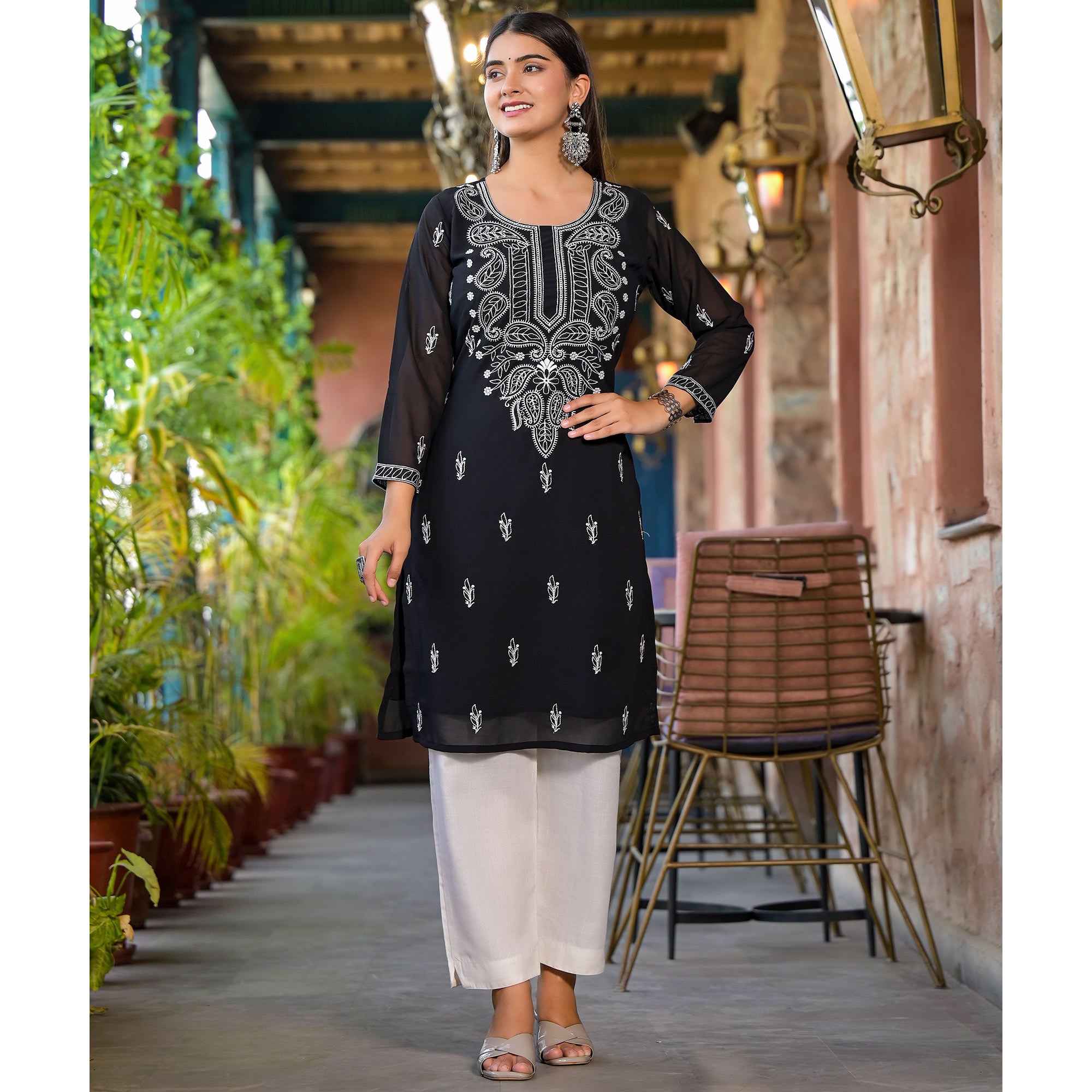 Black Embroidered Georgette Straight Kurti