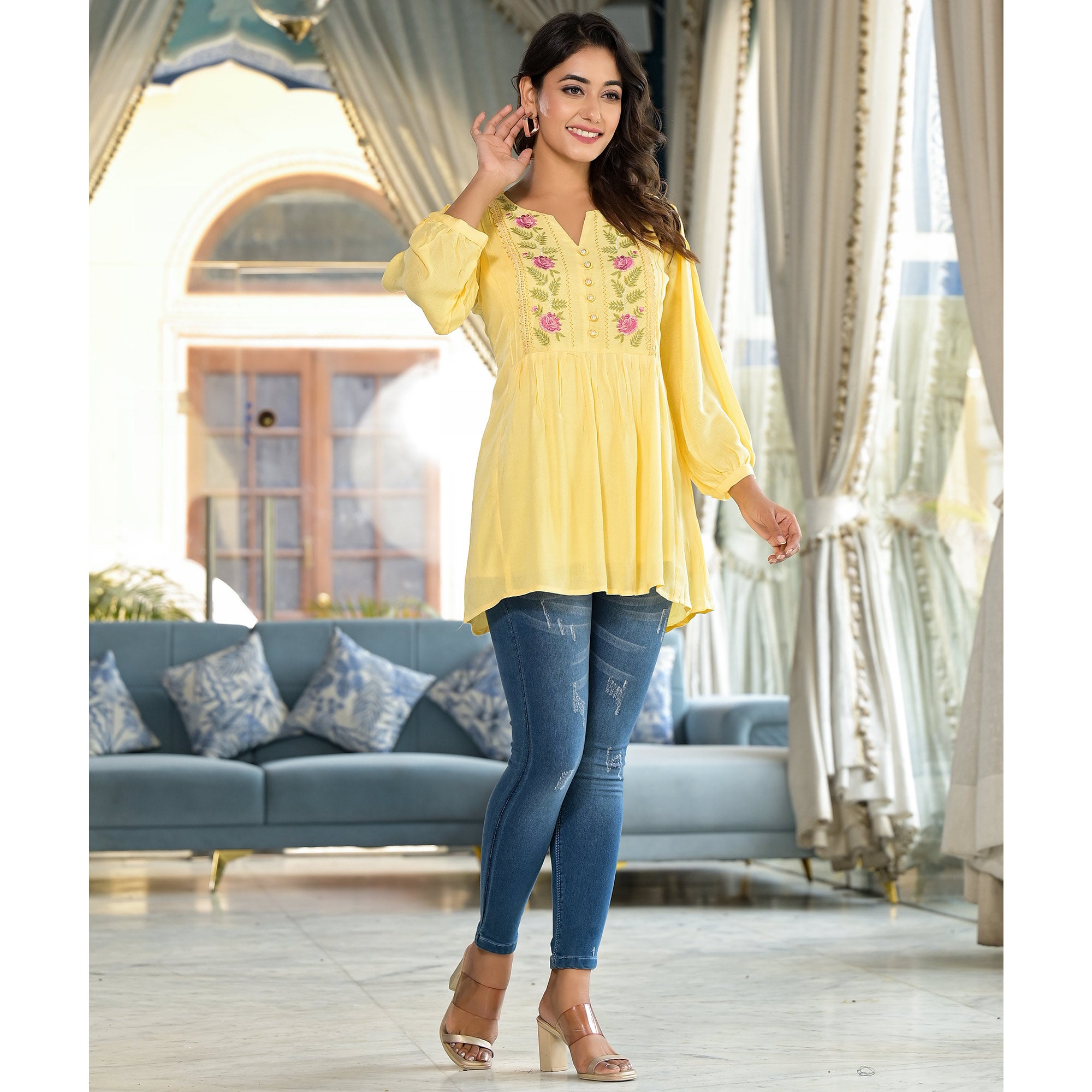 Yellow Yoke Embroidered Rayon A-Line Top