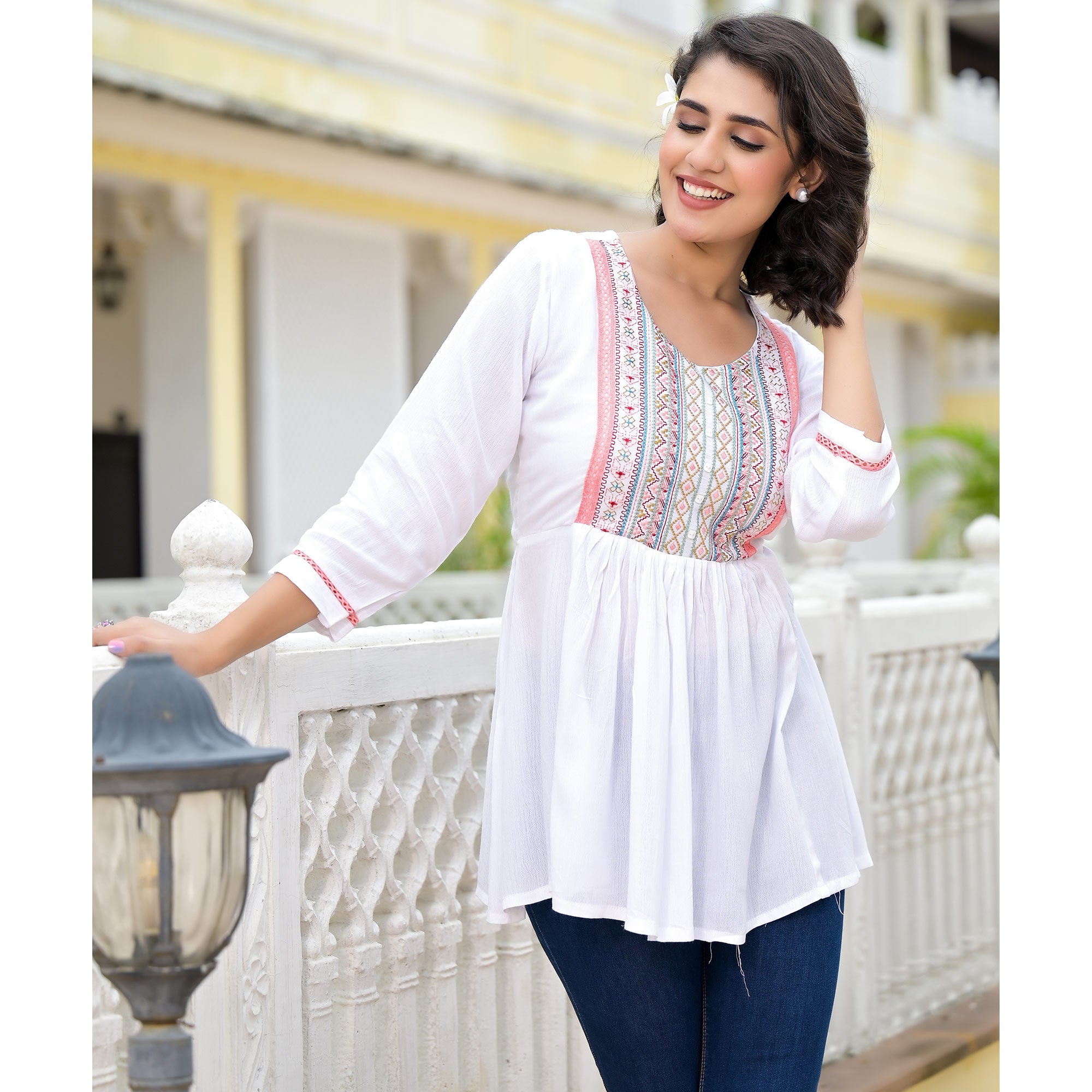 White Yoke Embroidered Rayon A-Line Top