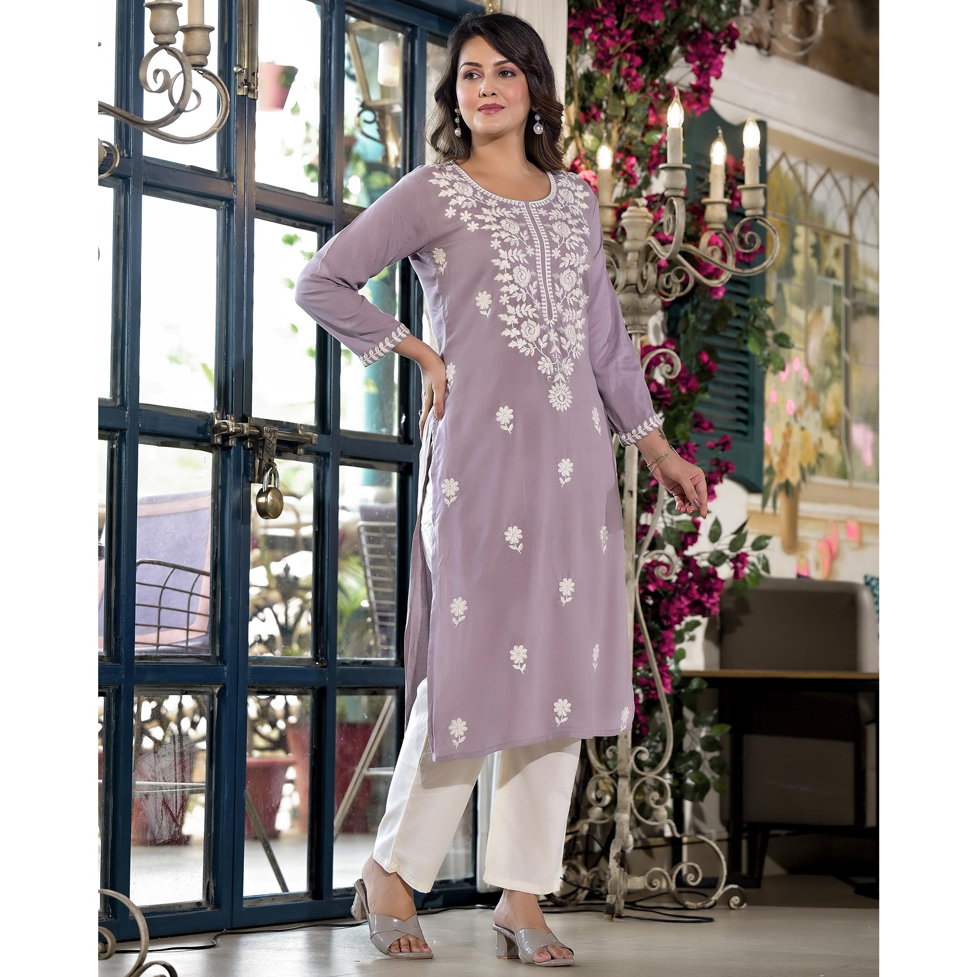 Dusty Lavender Floral Embroidered Rayon Straight Kurti