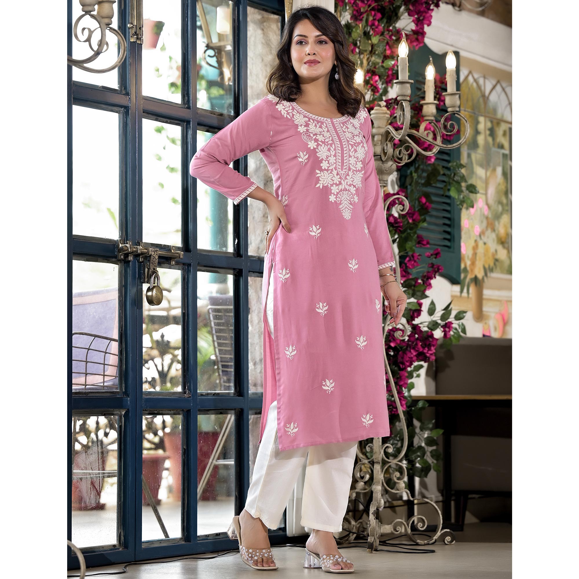 Pink Floral Embroidered Rayon Straight Kurti