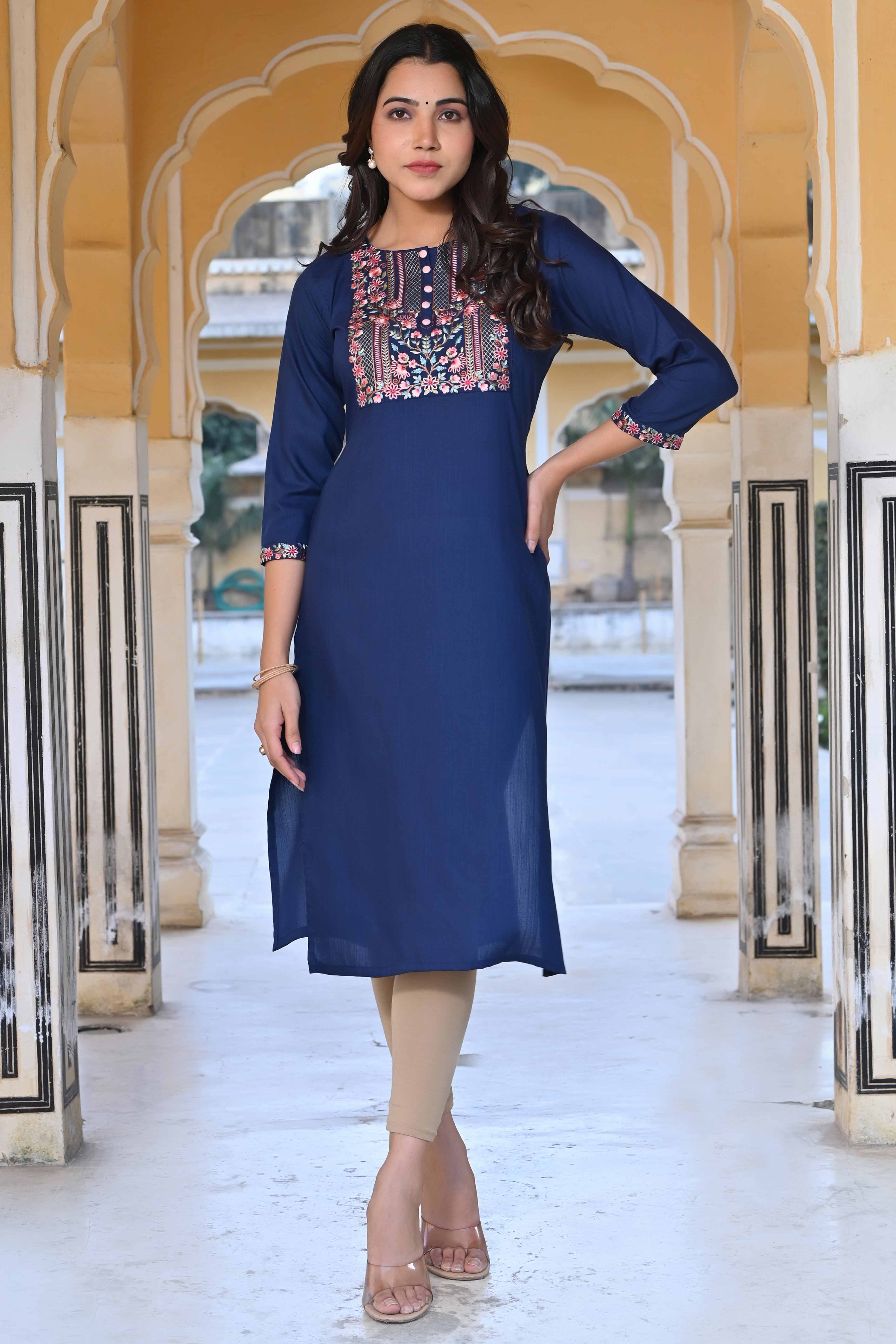 Blue Yoke Embroidered Rayon Slub Straight Kurti