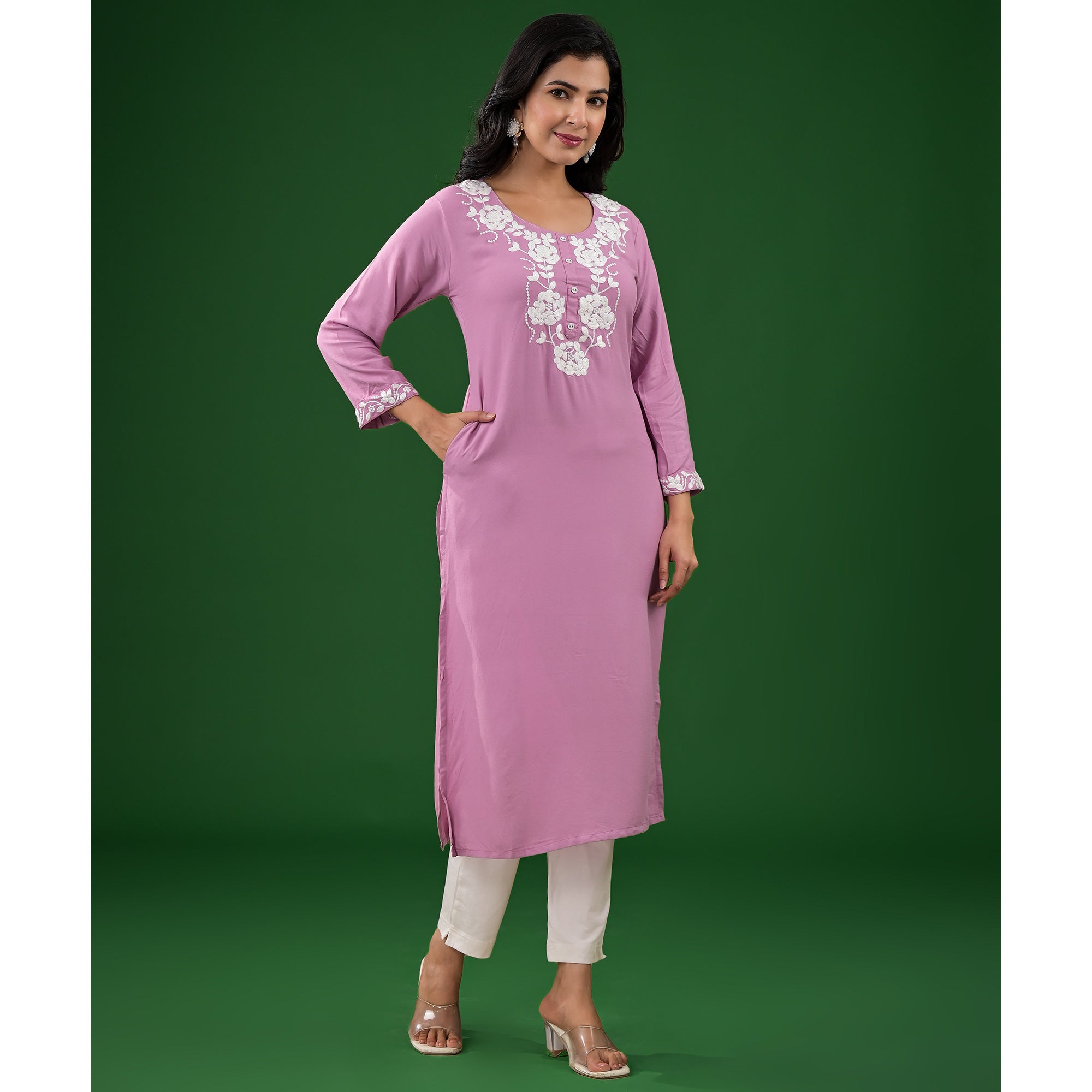 Pink Embroidered Rayon Straight Kurti