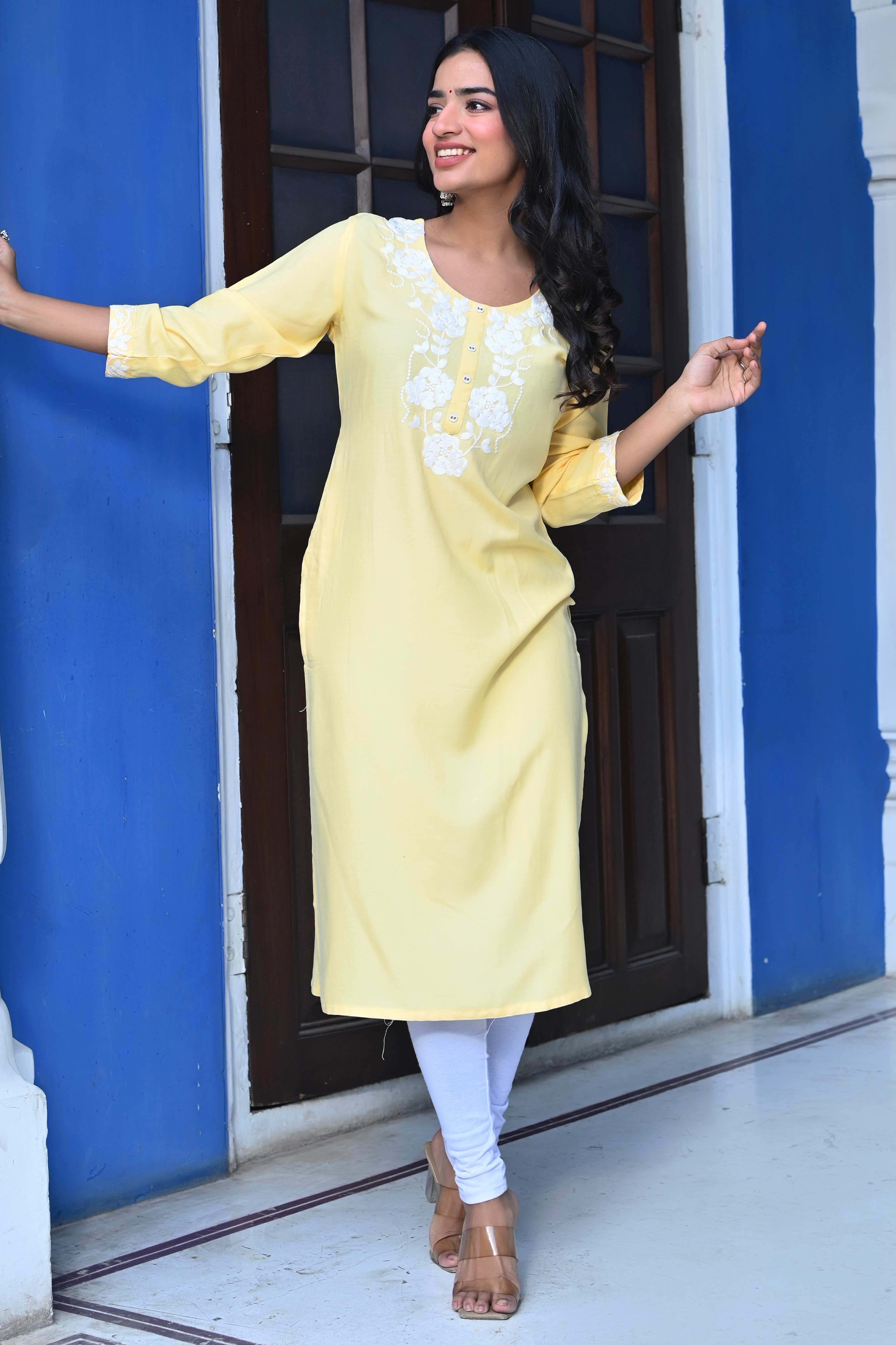 Yellow Embroidered Rayon Straight Kurti