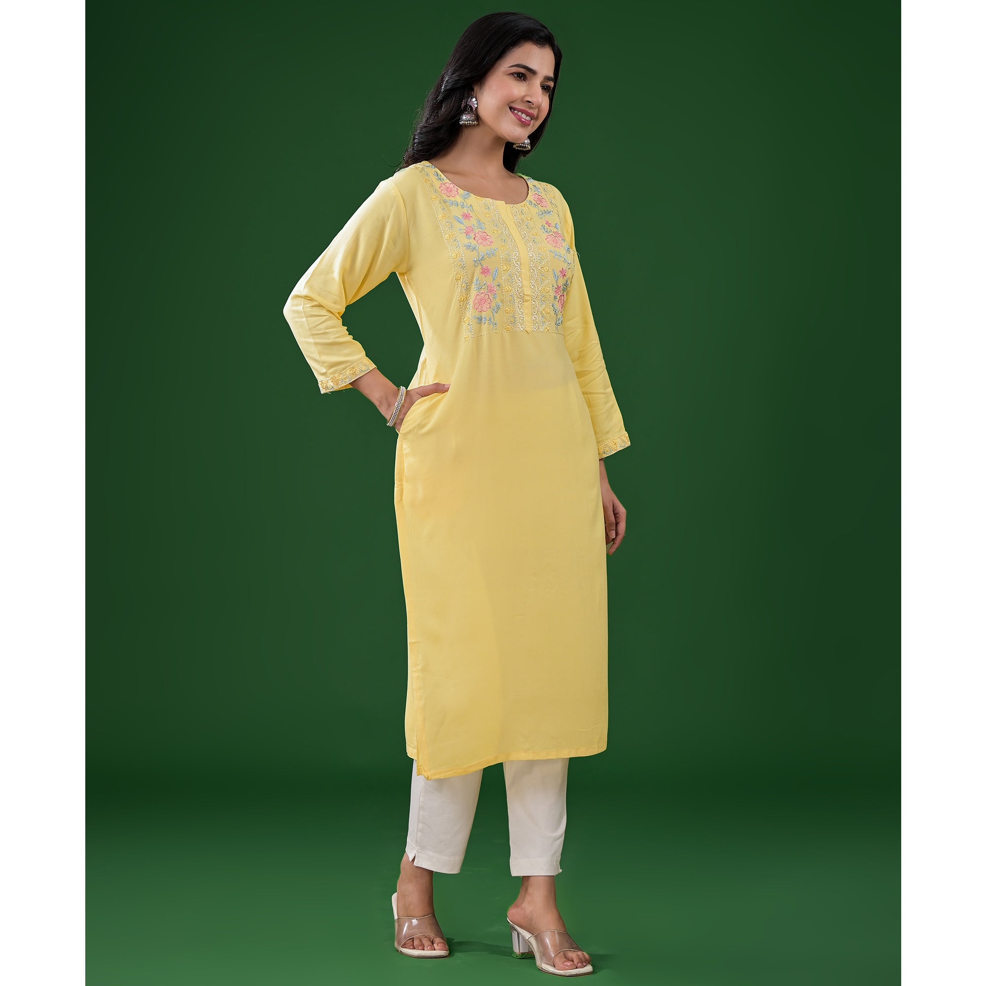 Yellow Embroidered Rayon Straight Kurti