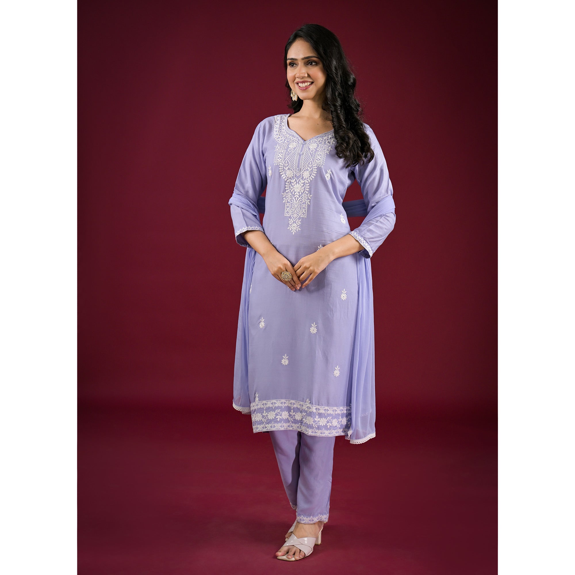 Bluish Lavender Floral Embroidered Rayon Salwar Suit