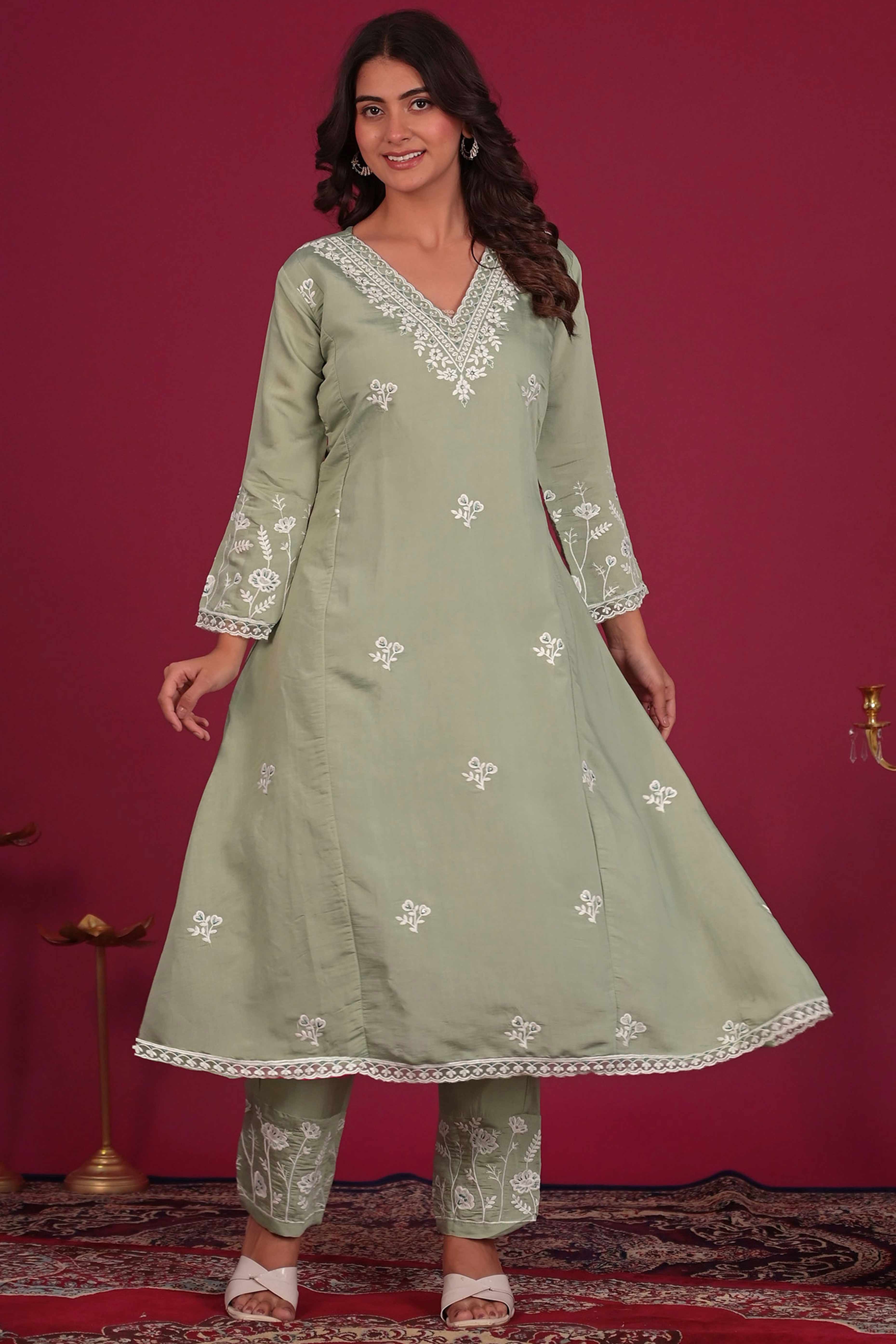 Sea Green Floral Embroidered Chanderi Top Bottom Set