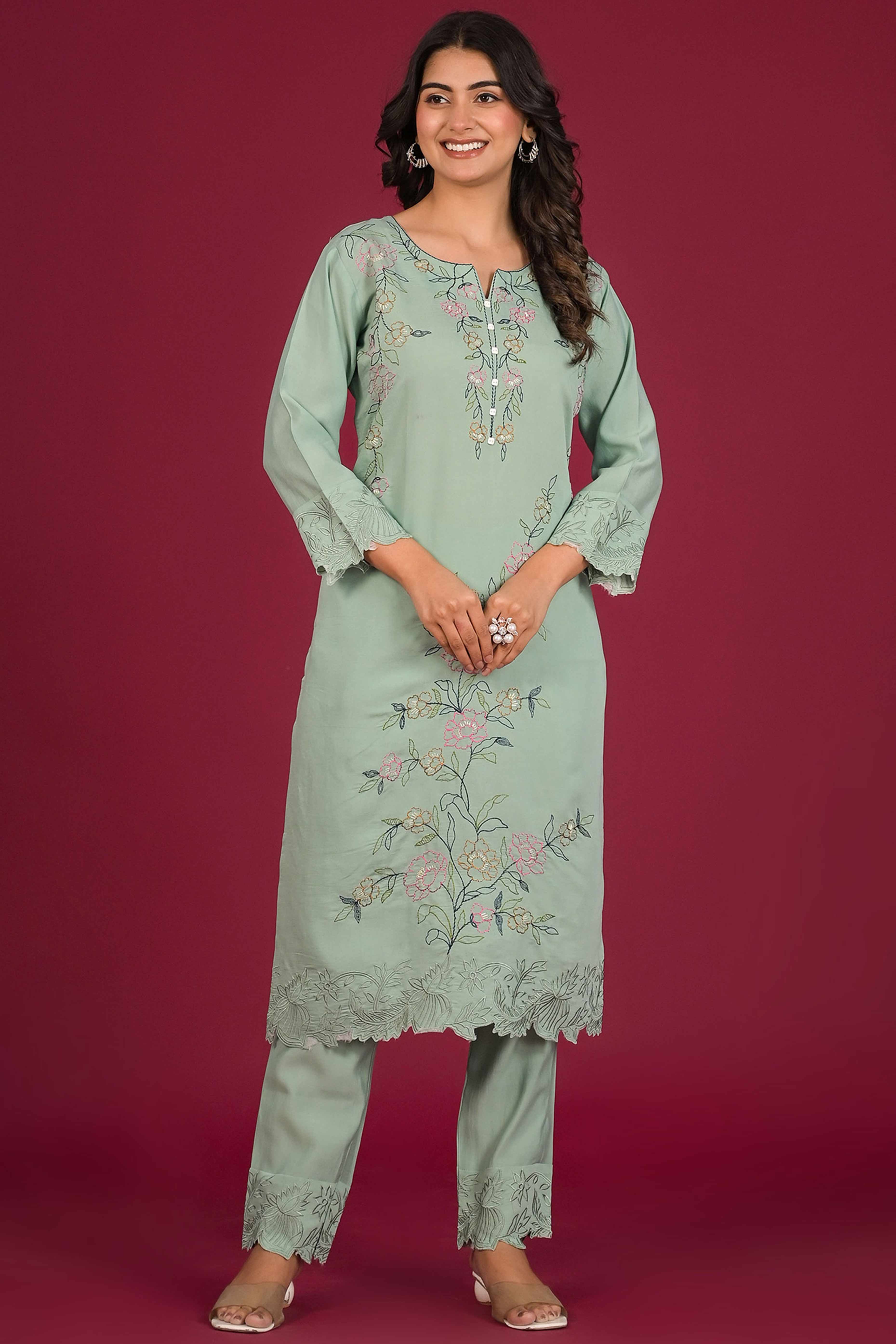 Pista Green Floral Embroidered Chanderi Top Bottom Set