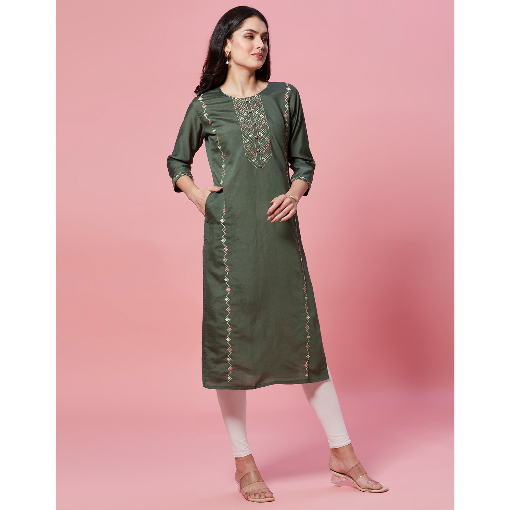 Green Embroidered Chanderi Straight Kurti