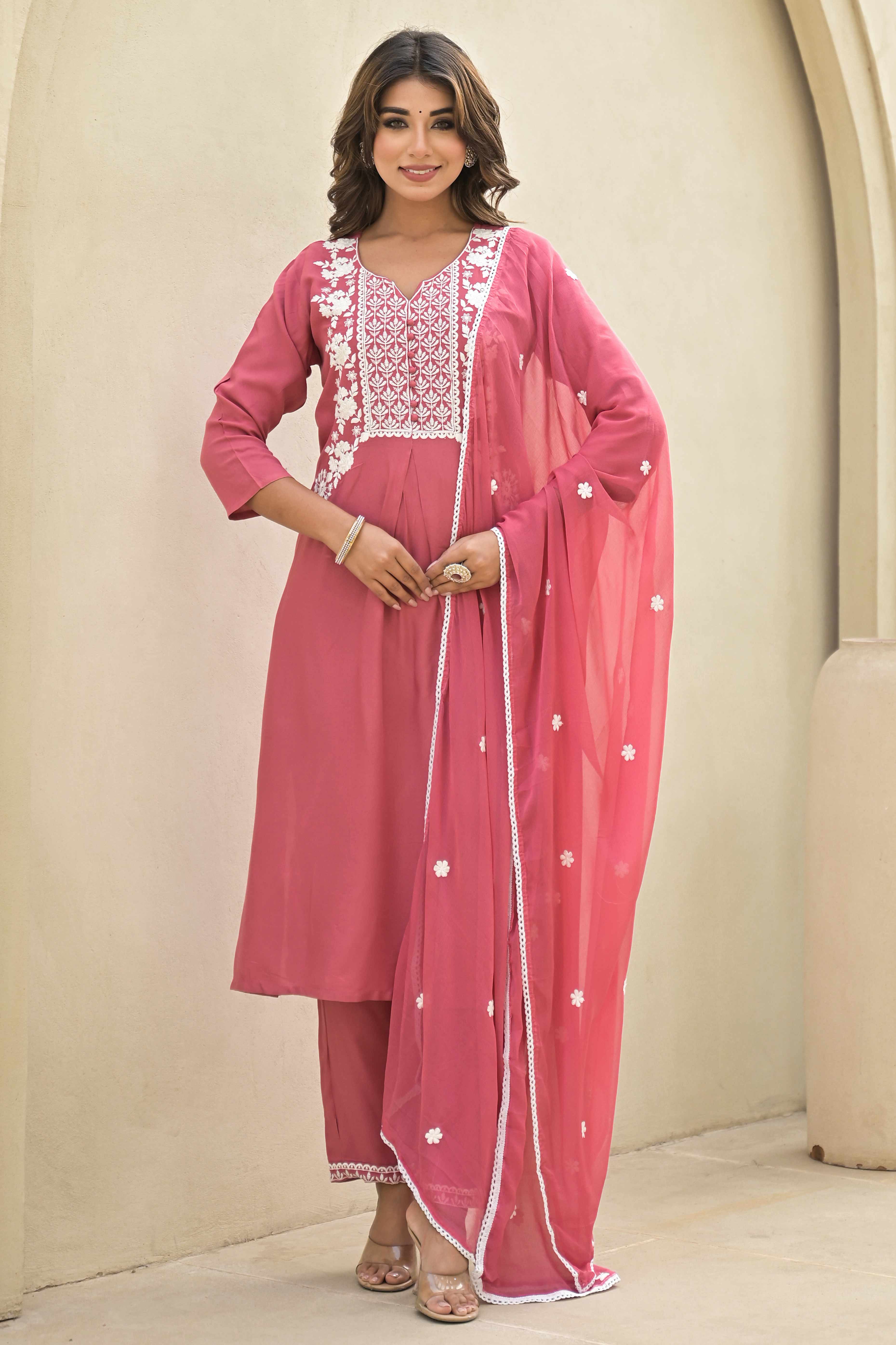 Gajri Pink Floral Embroidered Rayon Salwar Suit