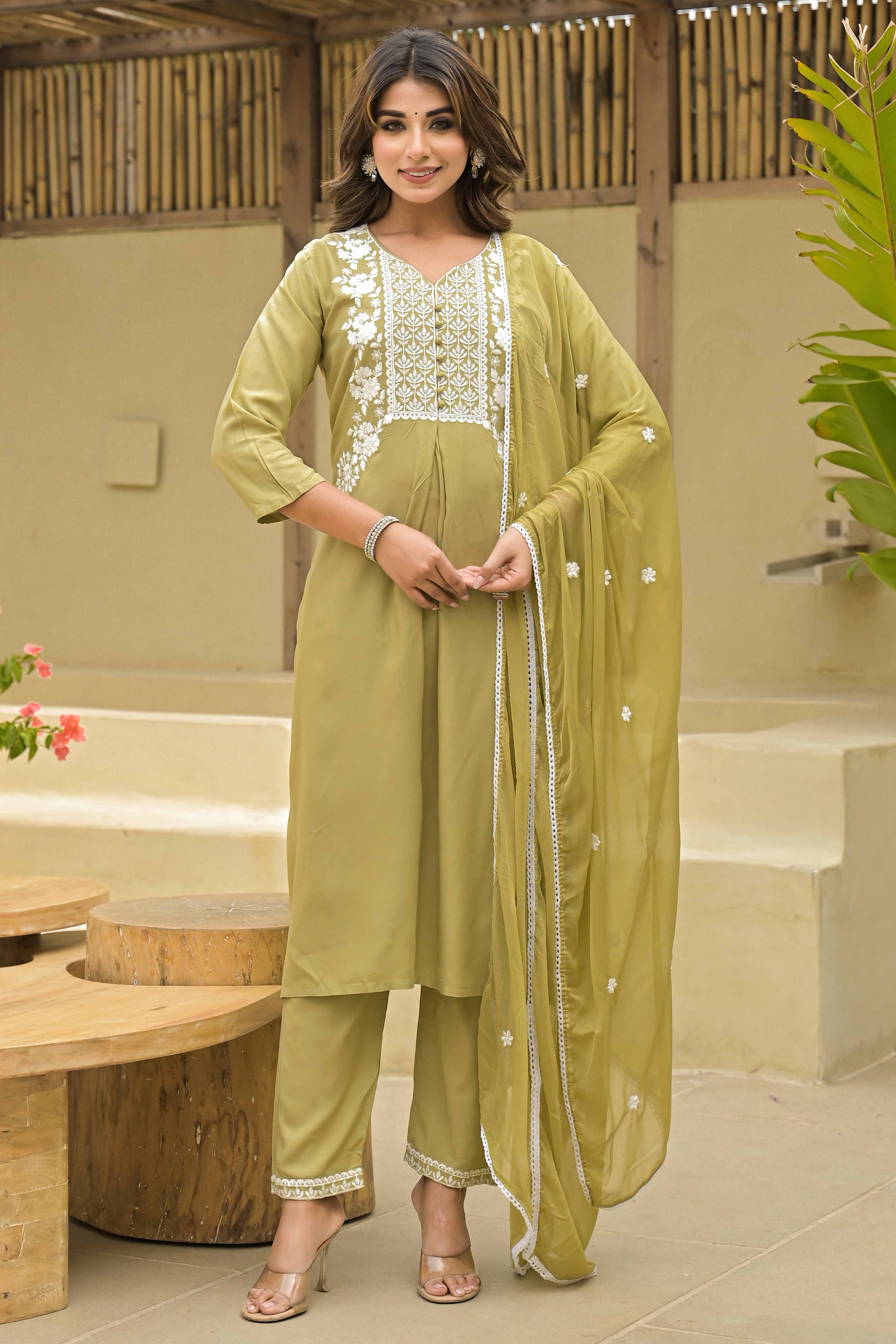 Light Chikoo Floral Embroidered Rayon Salwar Suit