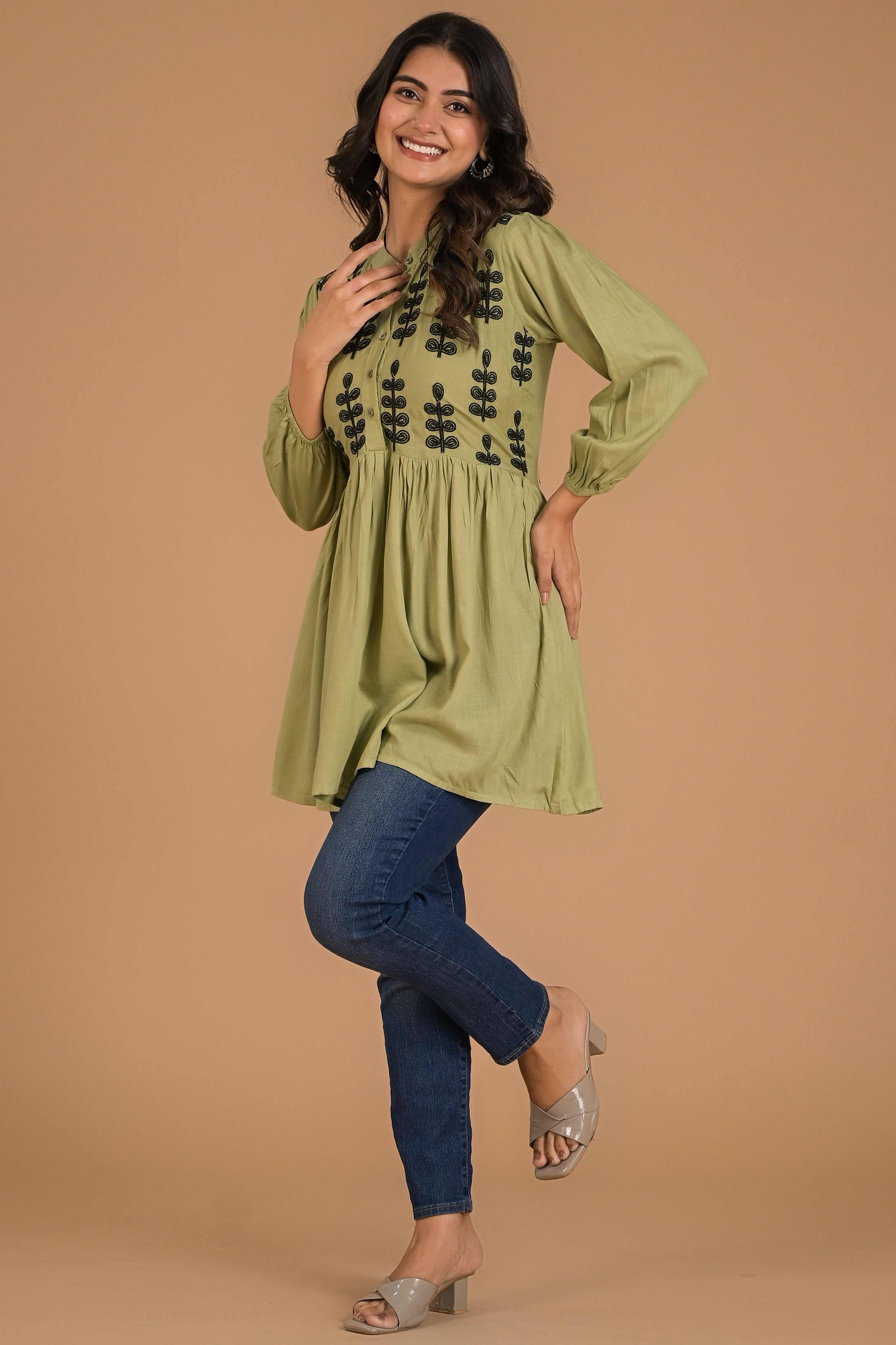 Green Embroidered Cotton Slub A-Line Top