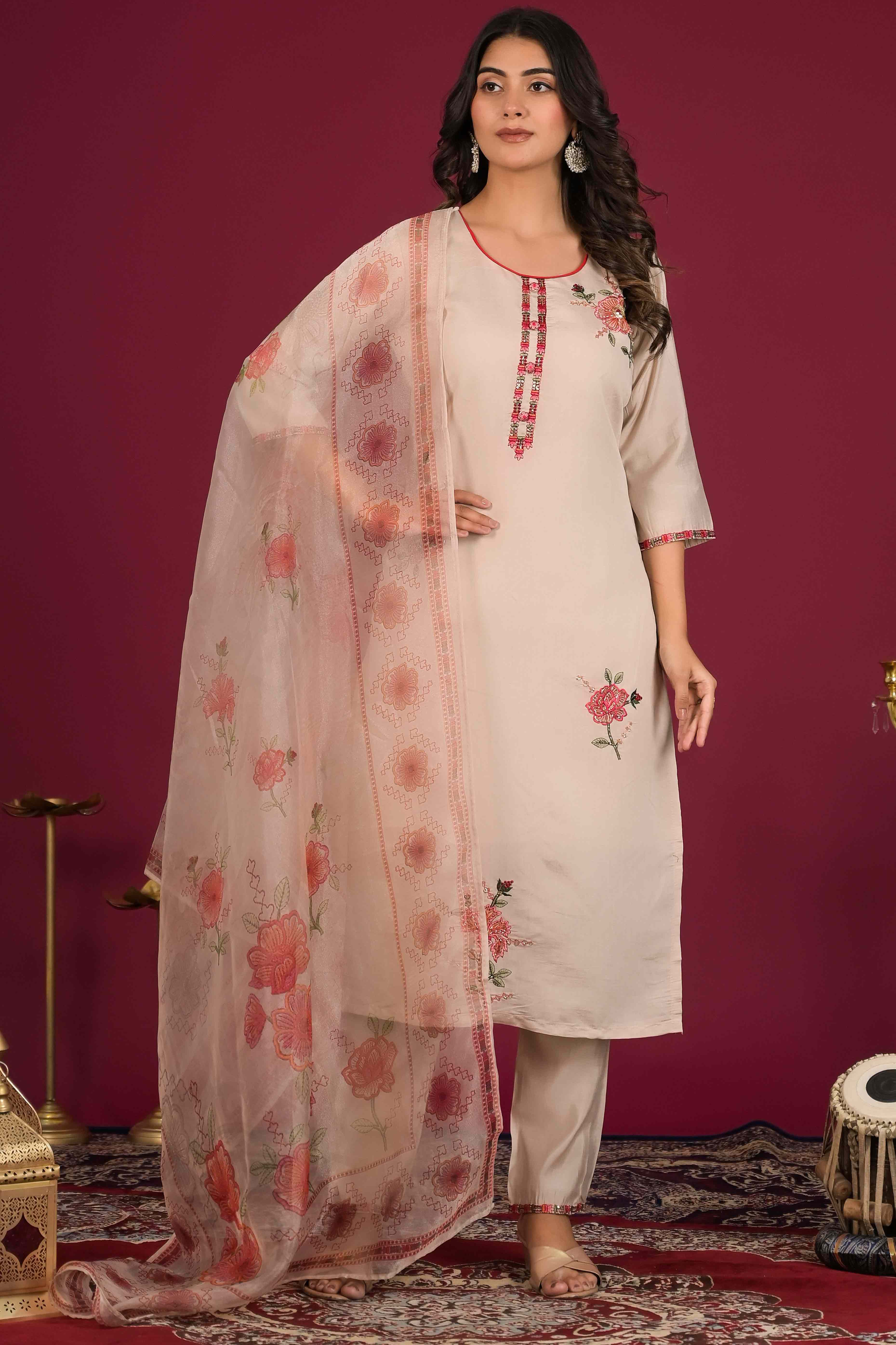 Beige Floral Embroidered Chanderi Salwar Suit