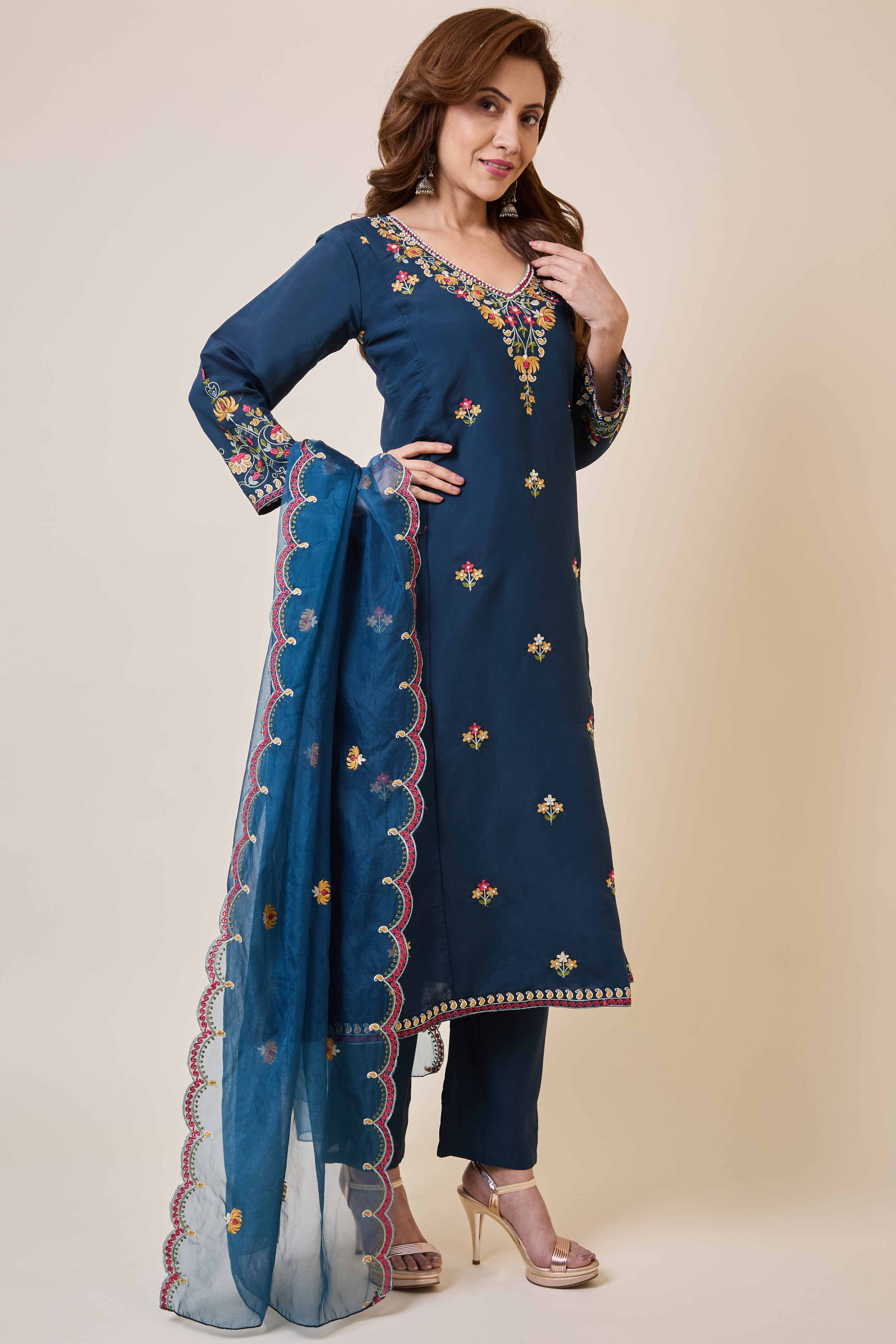 Prussian Blue Floral Hand Work Embroidered Chanderi Salwar Suit