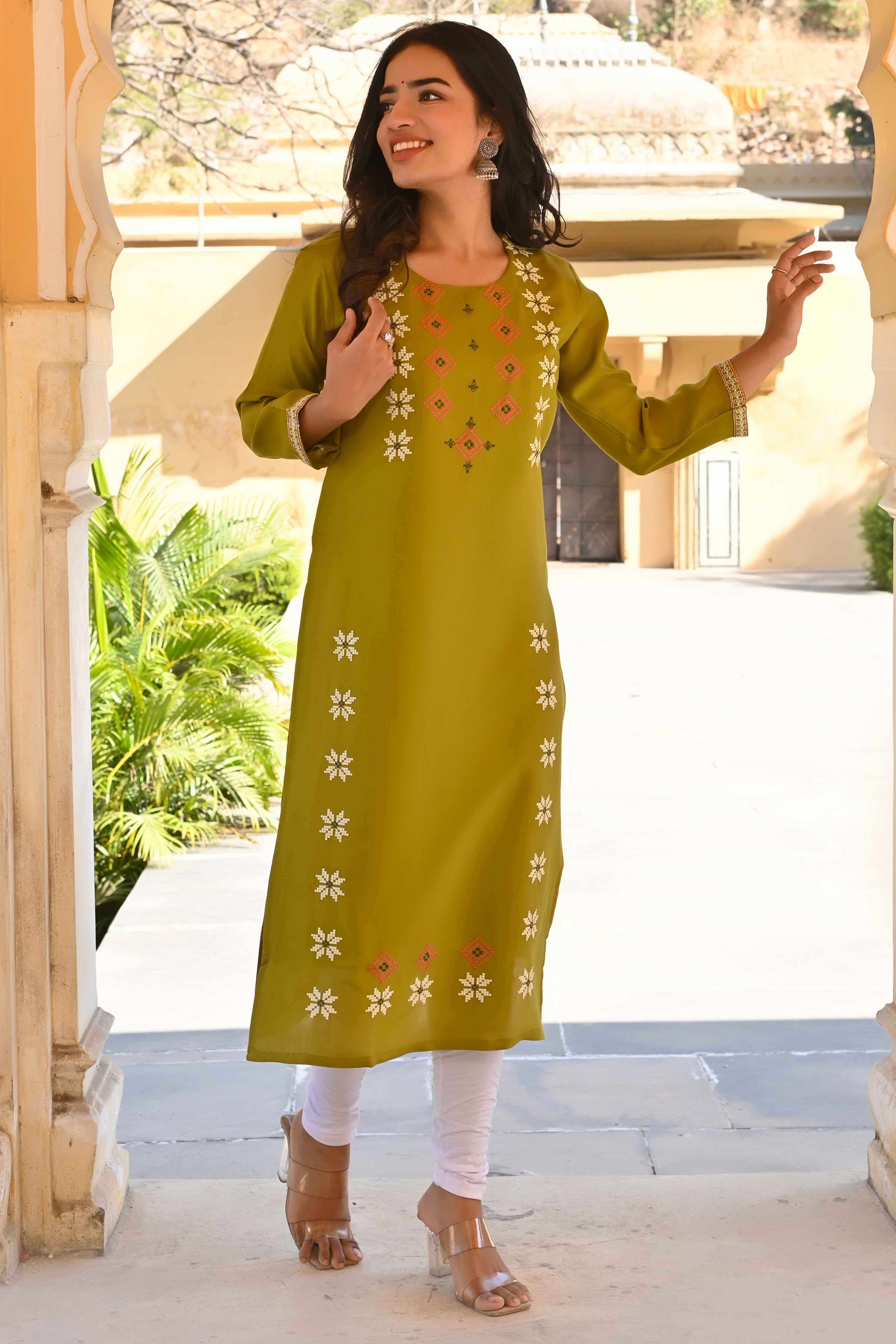 Olive Floral Embroidered Viscose Straight Kurti