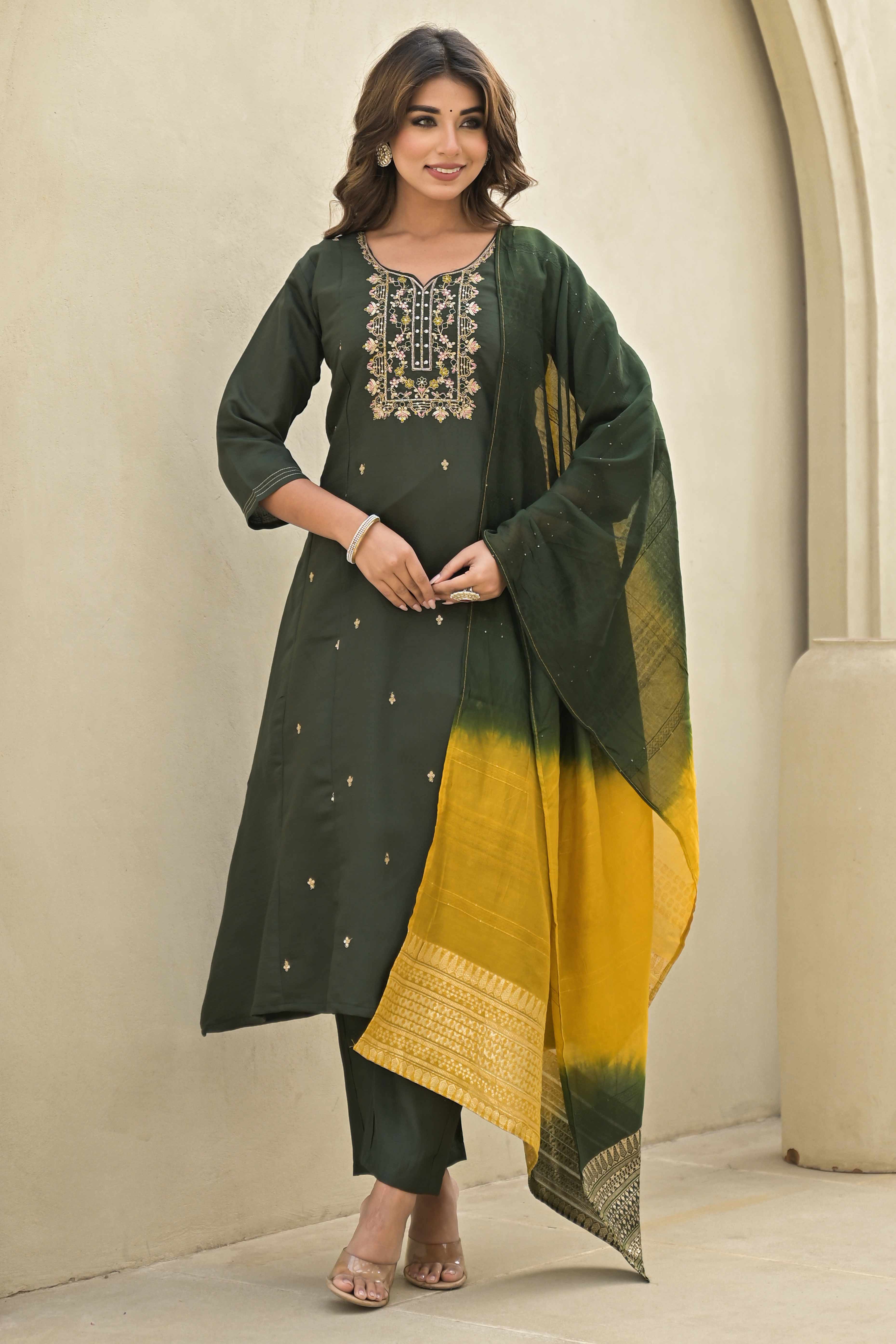 Mehandi Green Floral Embroidered Viscose A-Line Salwar Suit