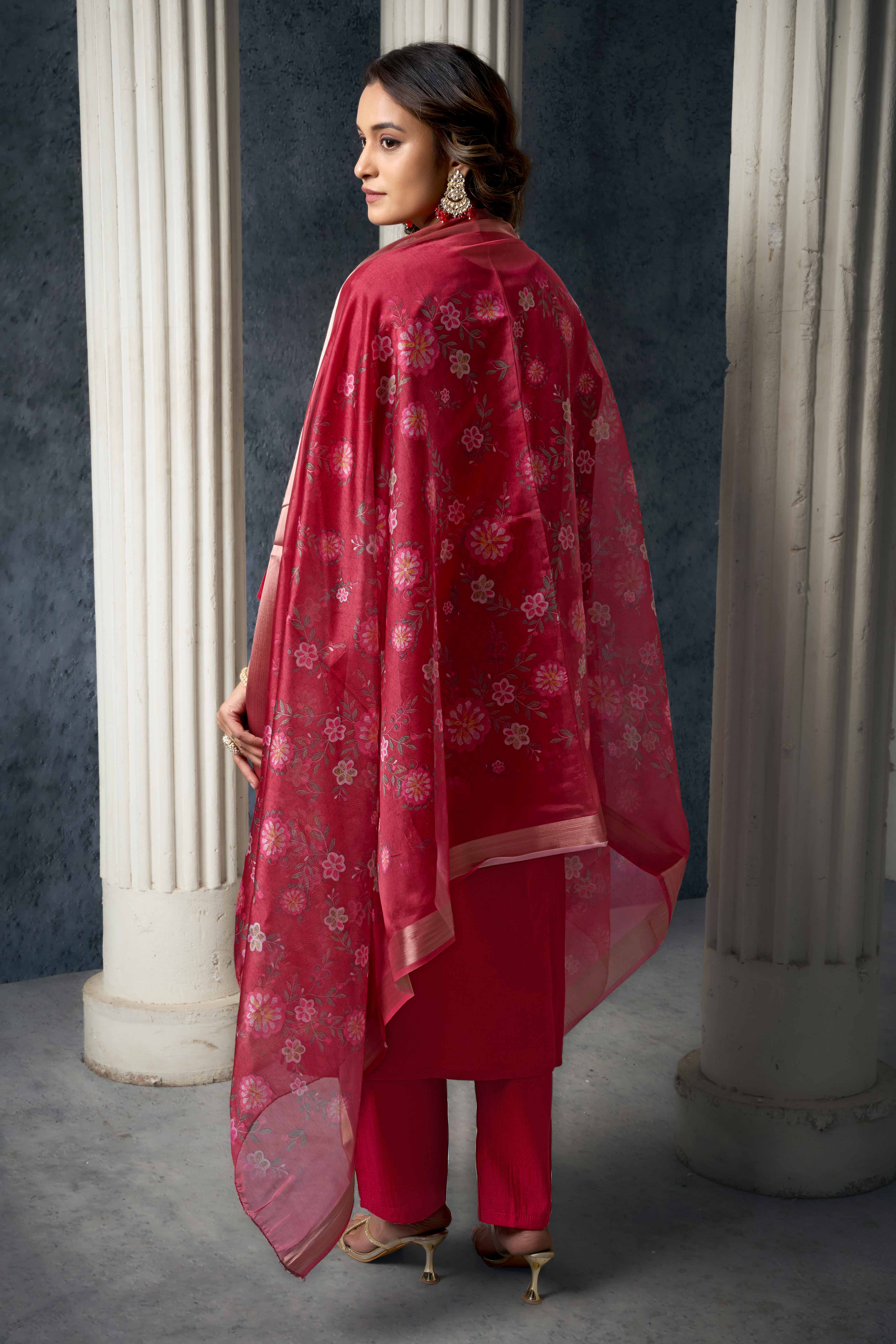Red Hand Work Embroidered Viscose Slub Silk Straight Salwar Suit