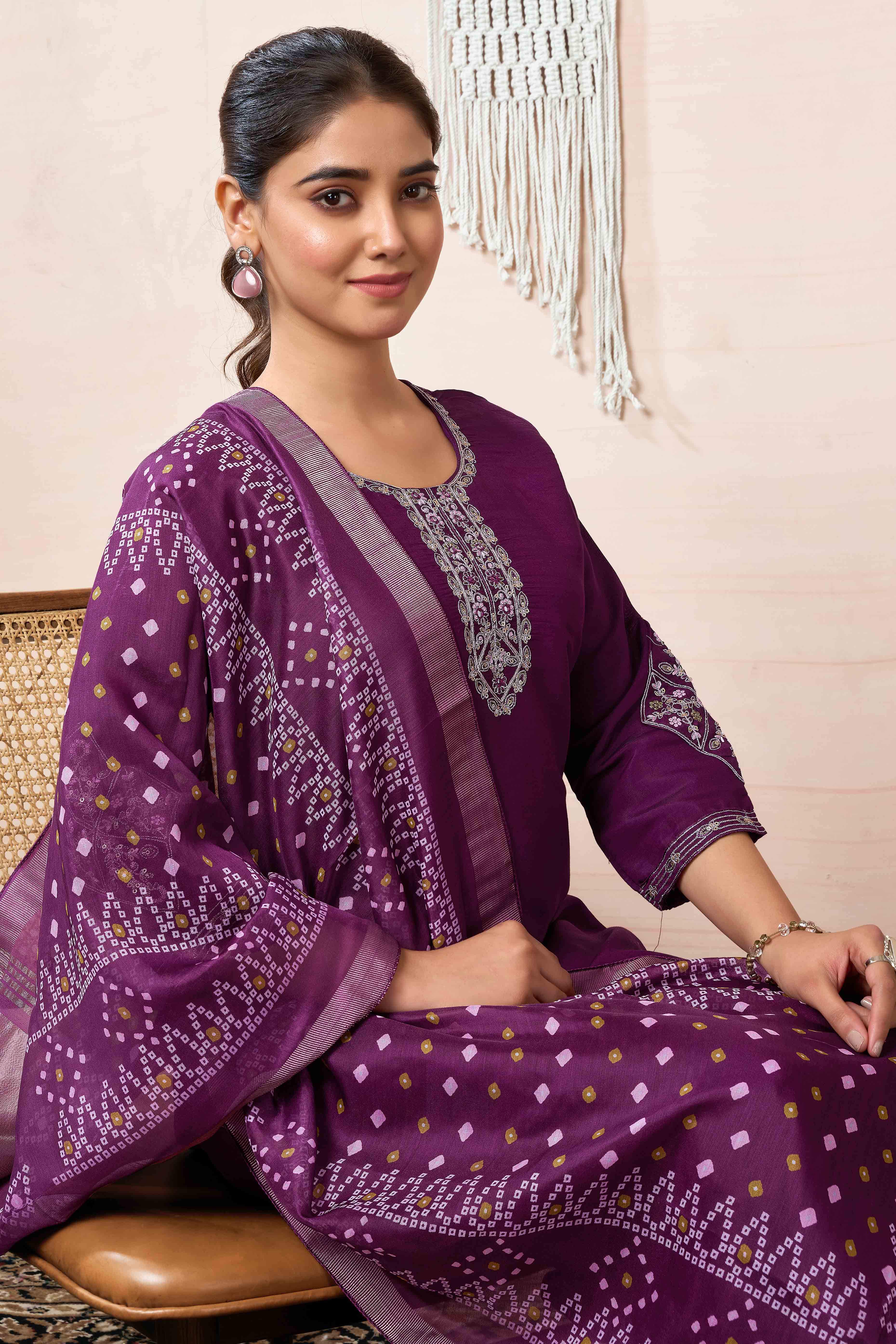 Wine Neck Embroidered Viscose Straight Salwar Suit