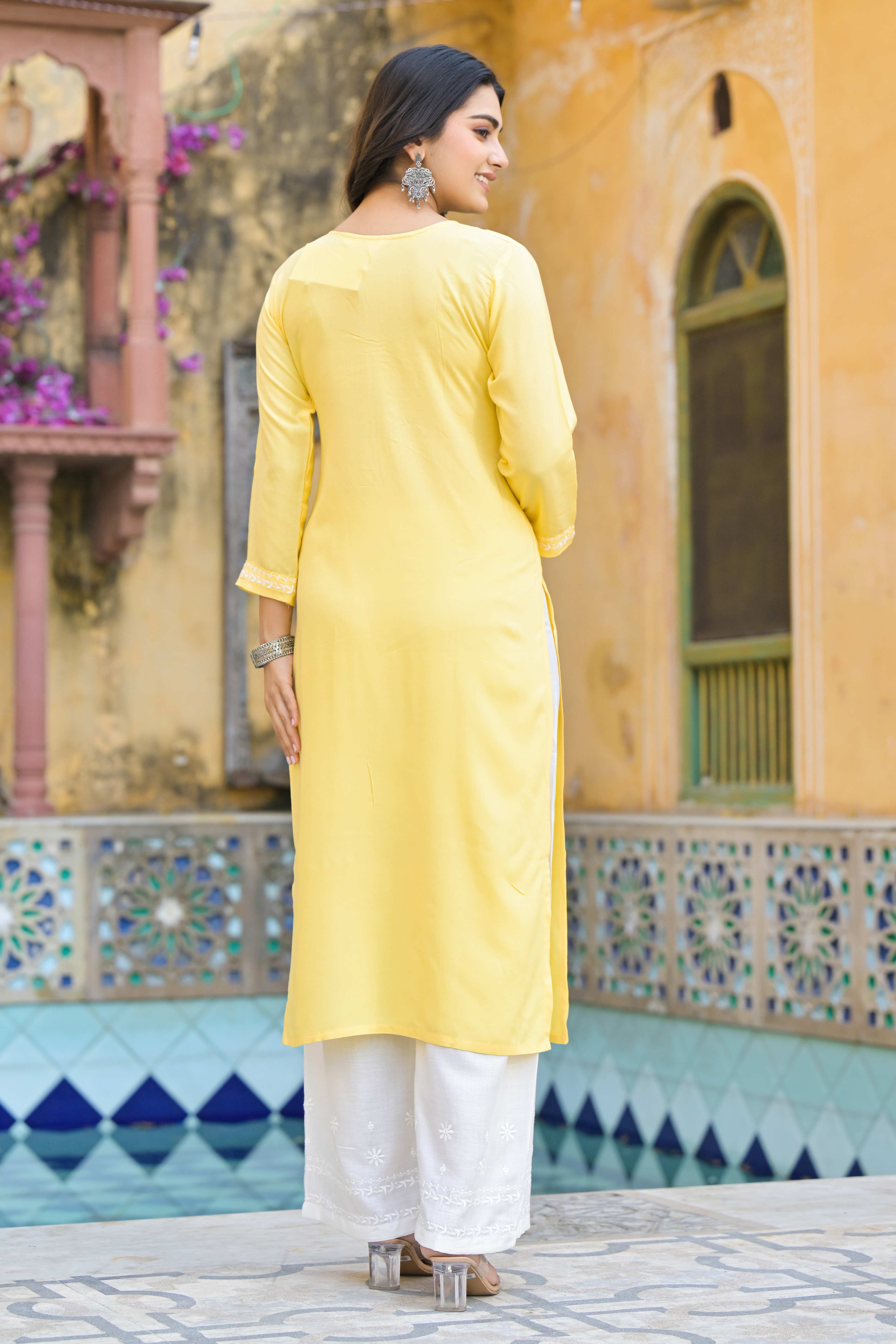 Yellow Floral Embroidered Viscose Rayon Straight Top Bottom Set