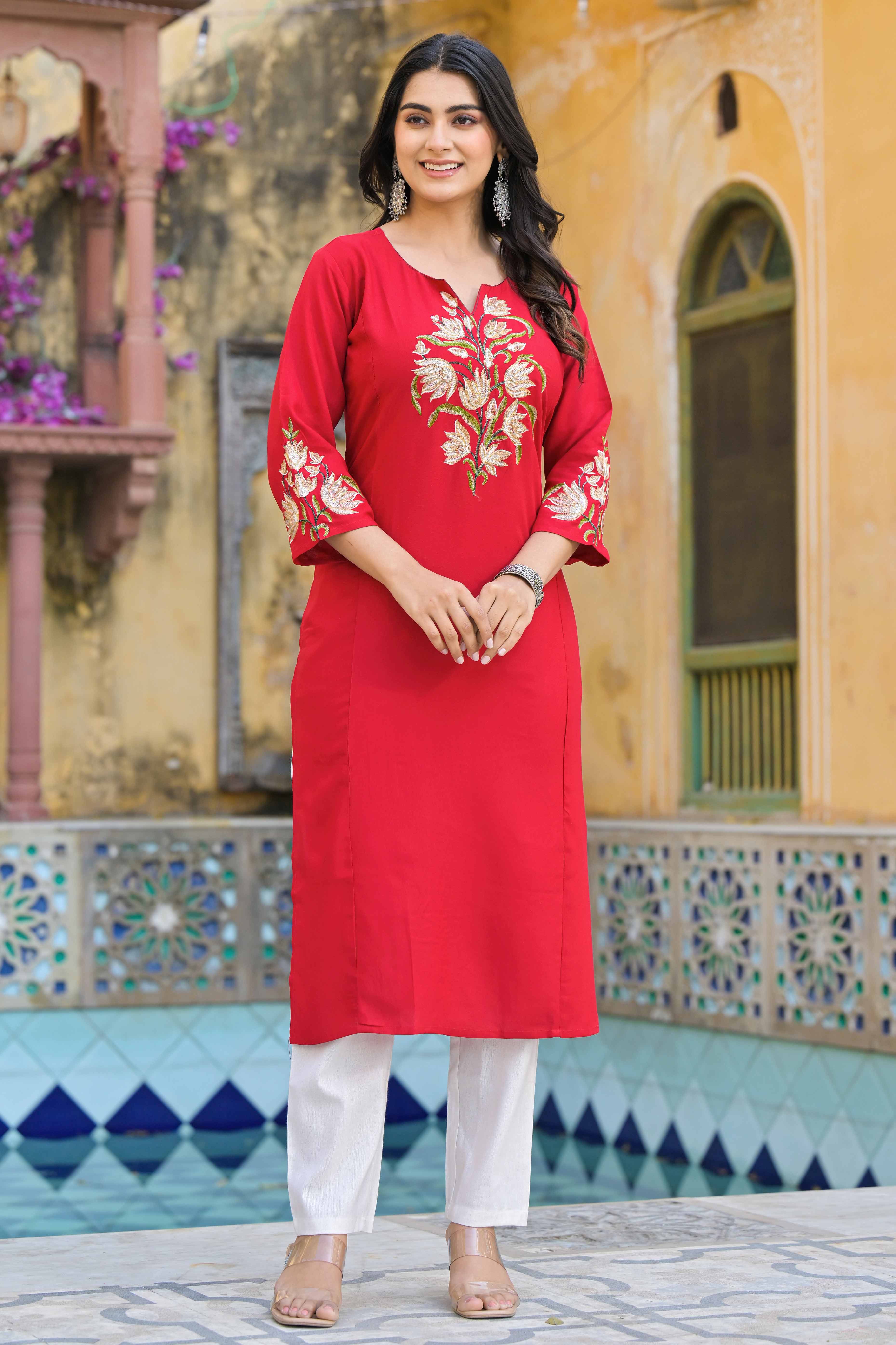 Red Floral Embroidered Viscose Rayon Straight Kurti
