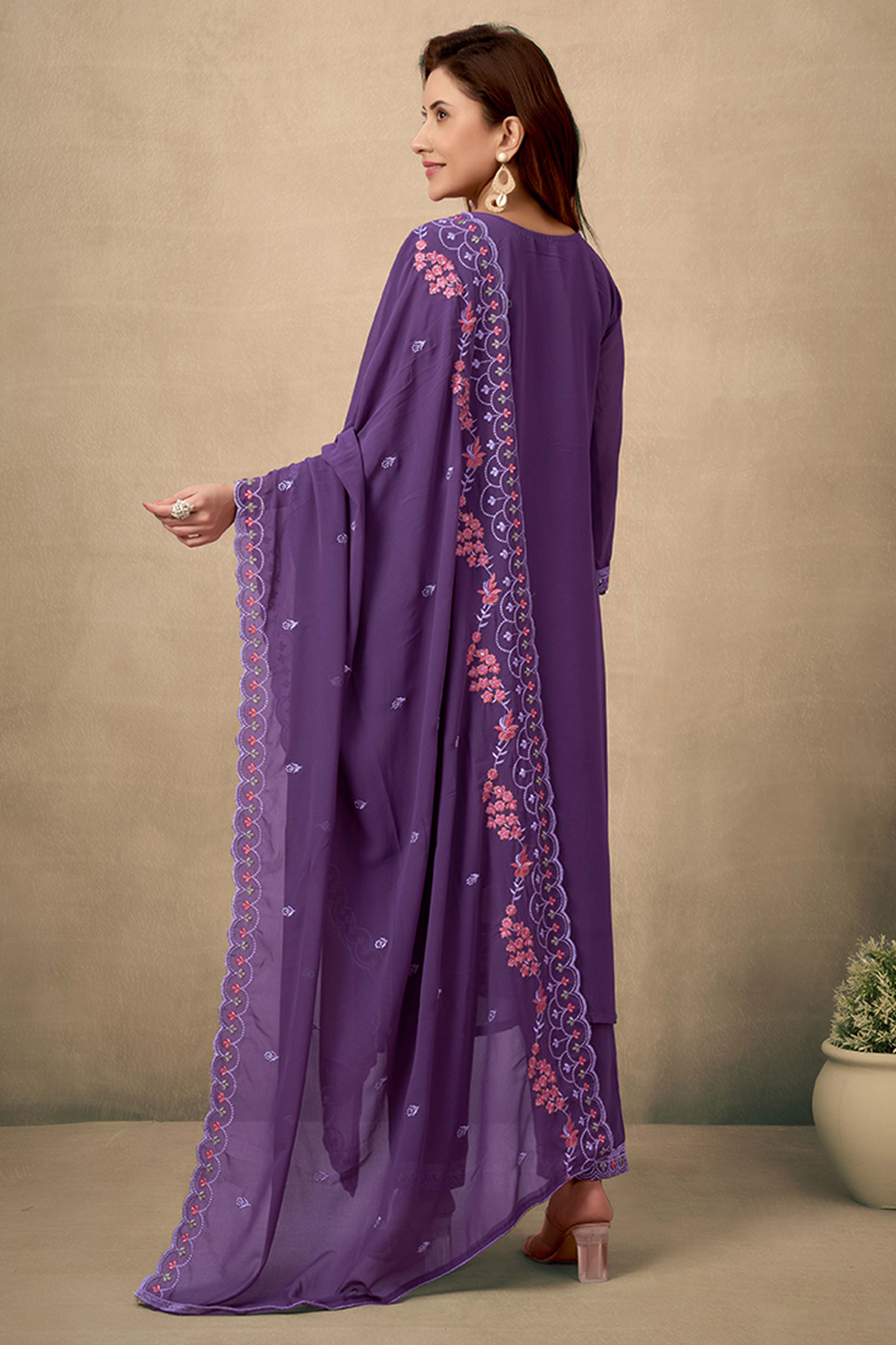 Wine Embroidered Straight Salwar Suit in Heavy Viscose Georgette