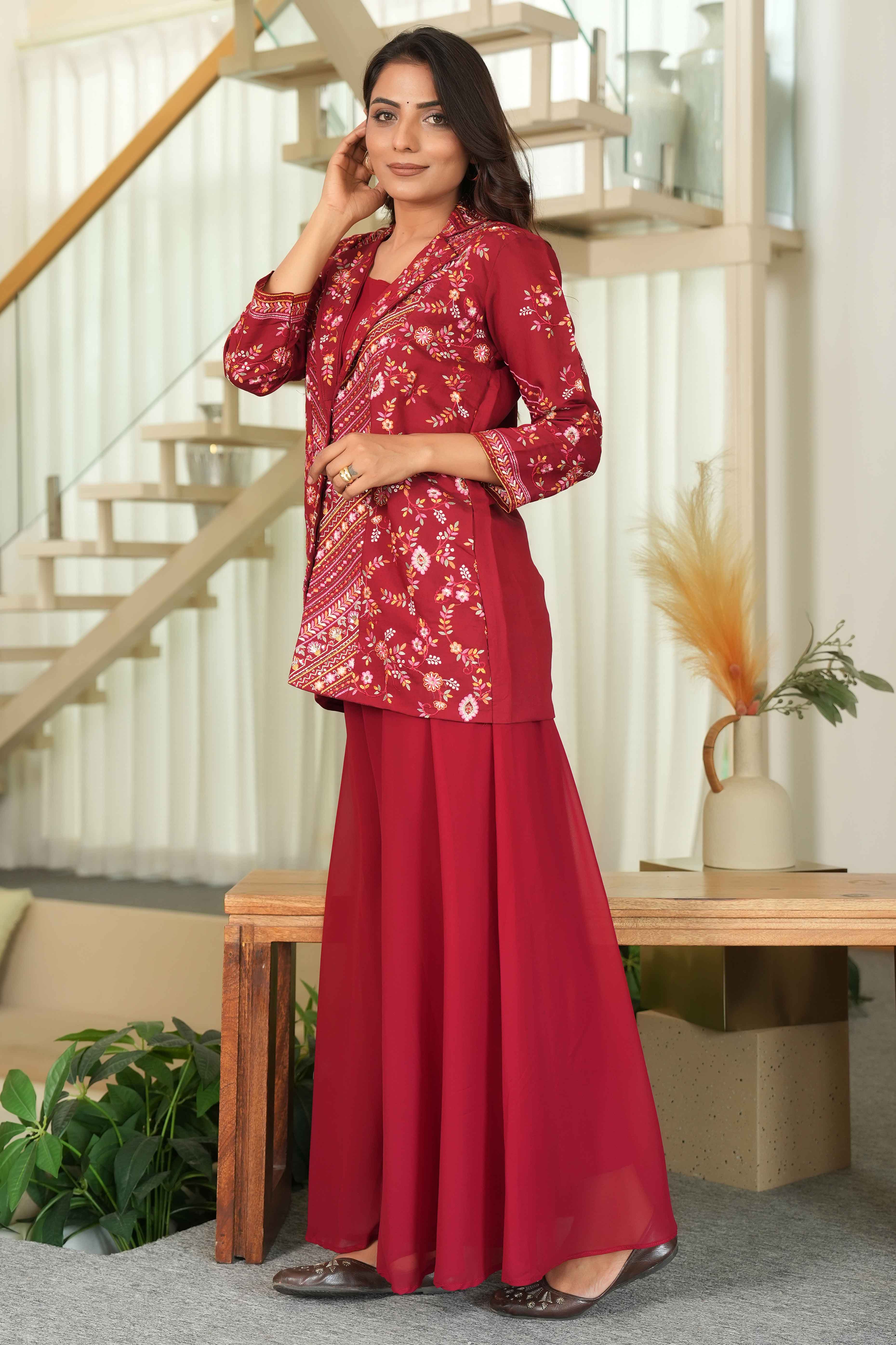 Maroon Solid Co-Ord Ensemble in Chanderi Silk with Heavily Embroidered Coat