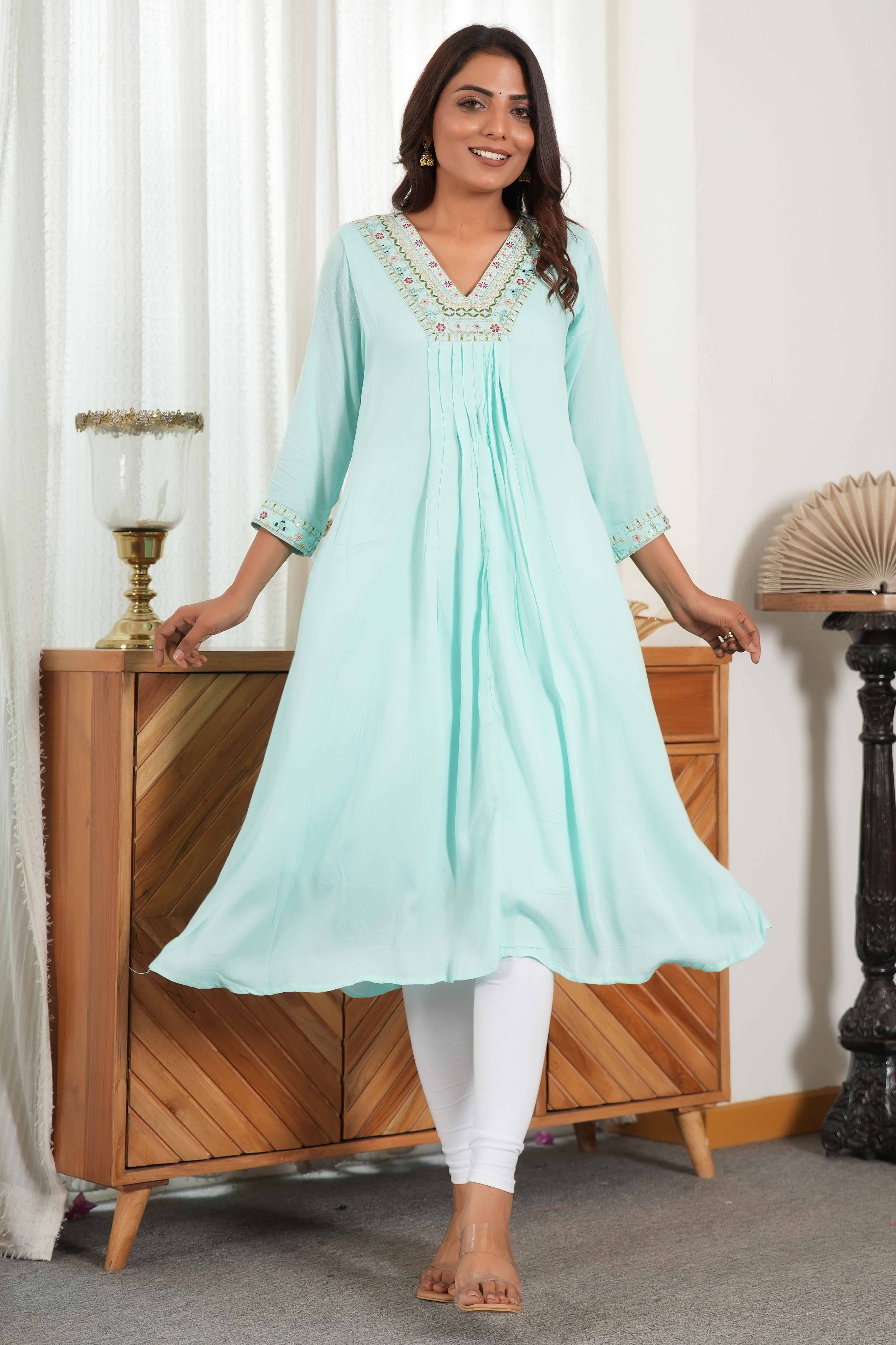 Soft Sky Blue Rayon A-Line Dress Accented with Fine Neck Embroidery
