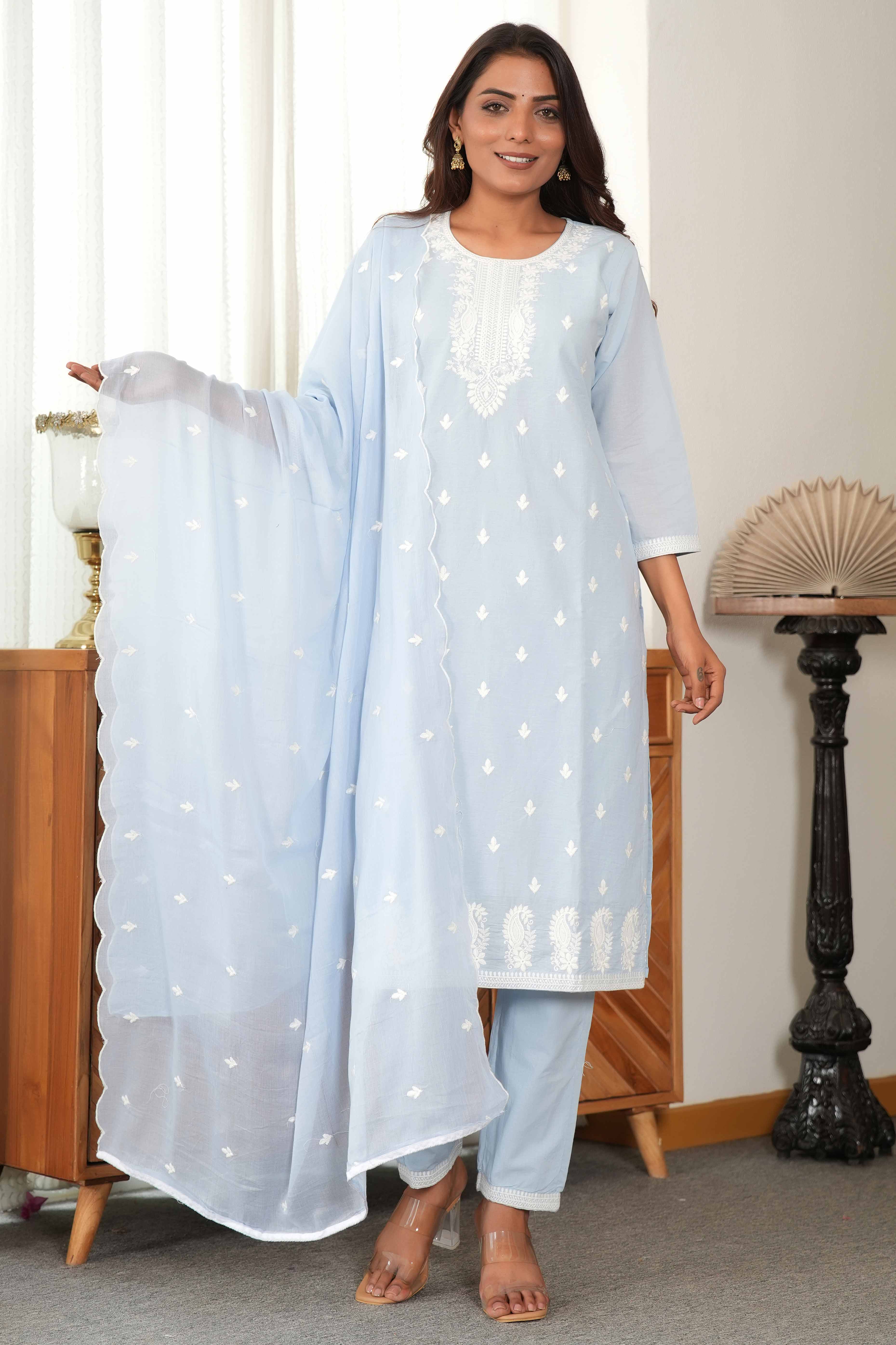 Powder Blue Cotton Suit Set Featuring Exquisite Motif Stitch Work