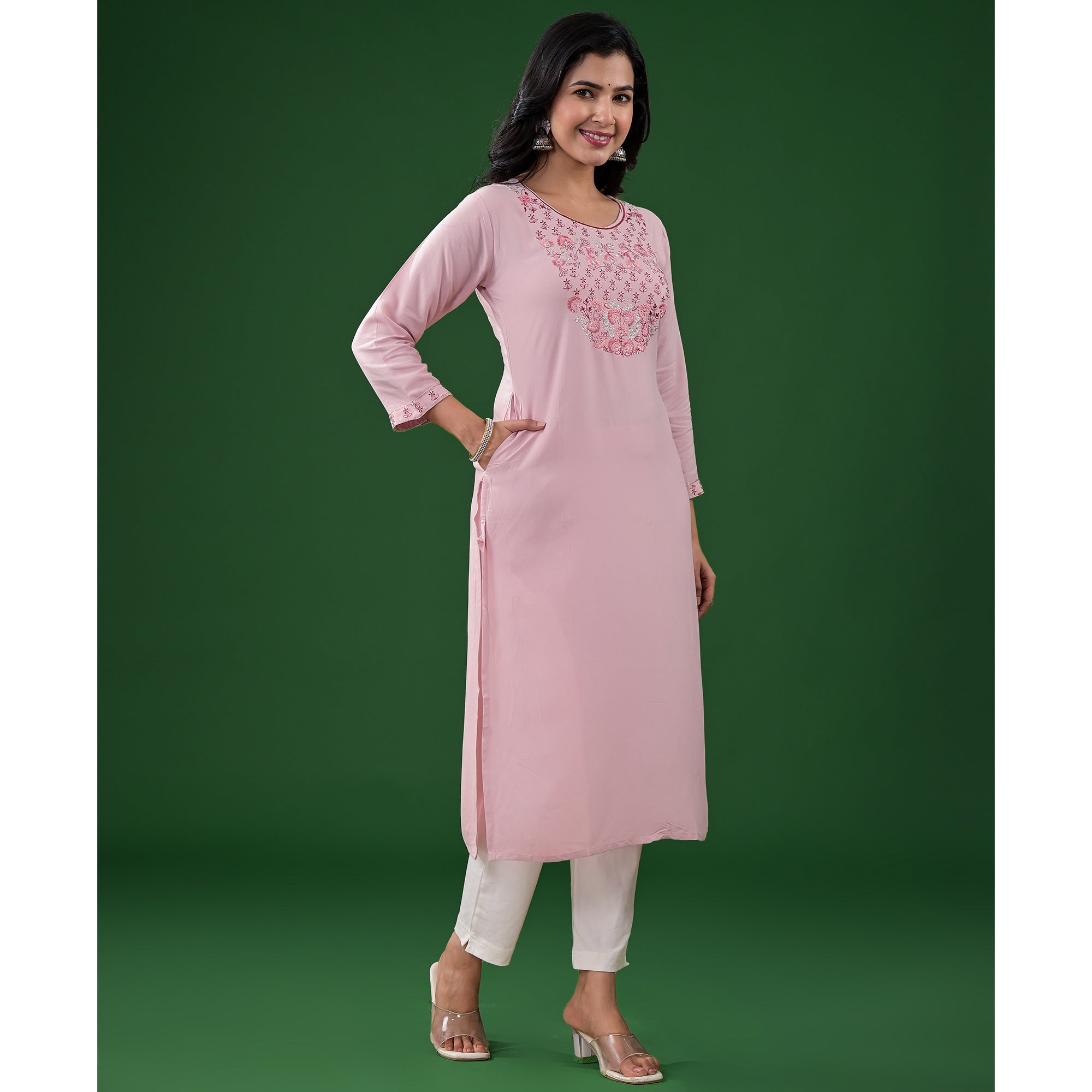 Peach Yoke Embroidered Rayon Straight Kurti