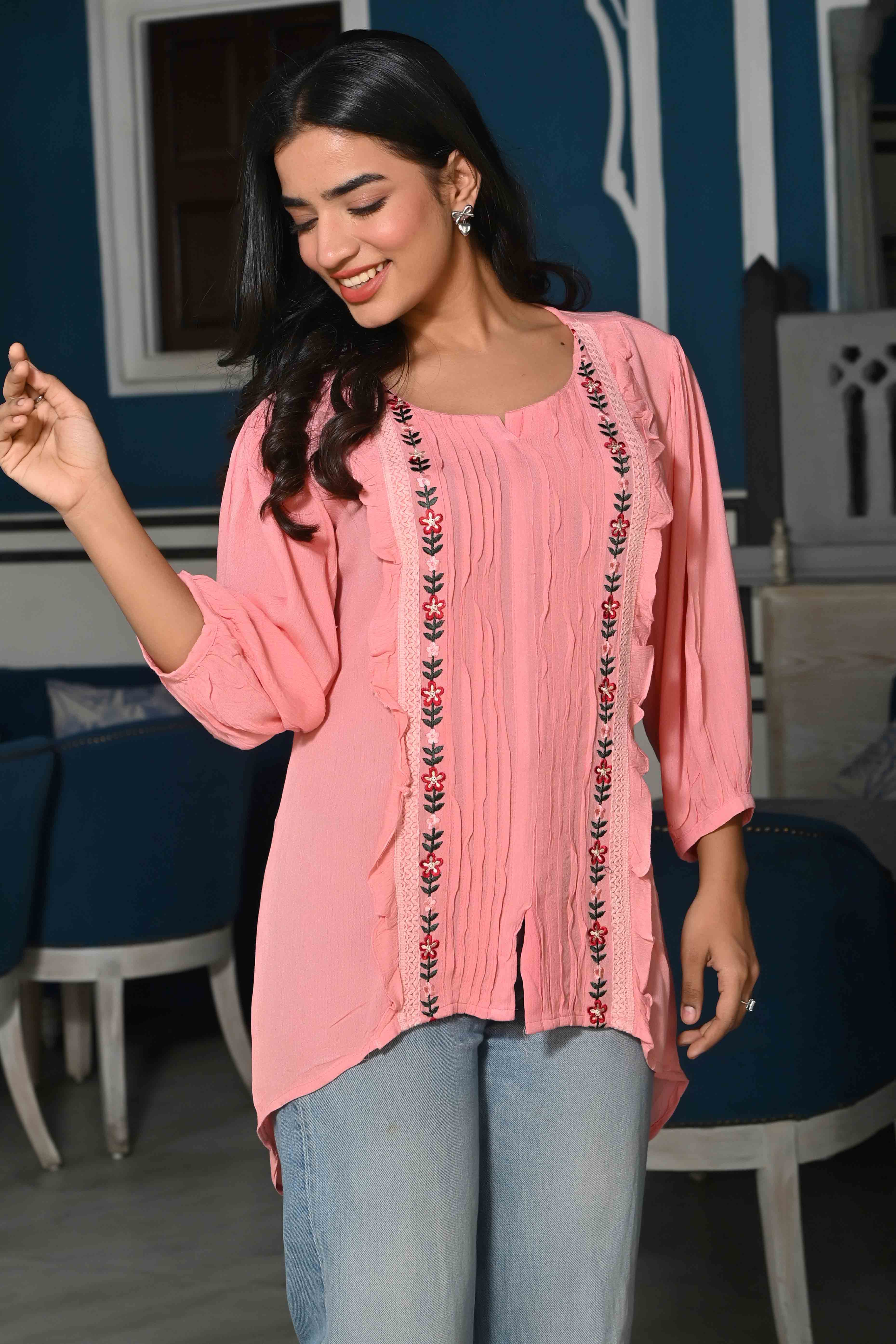 Pink Floral Embroidered Rayon Rinkal Top