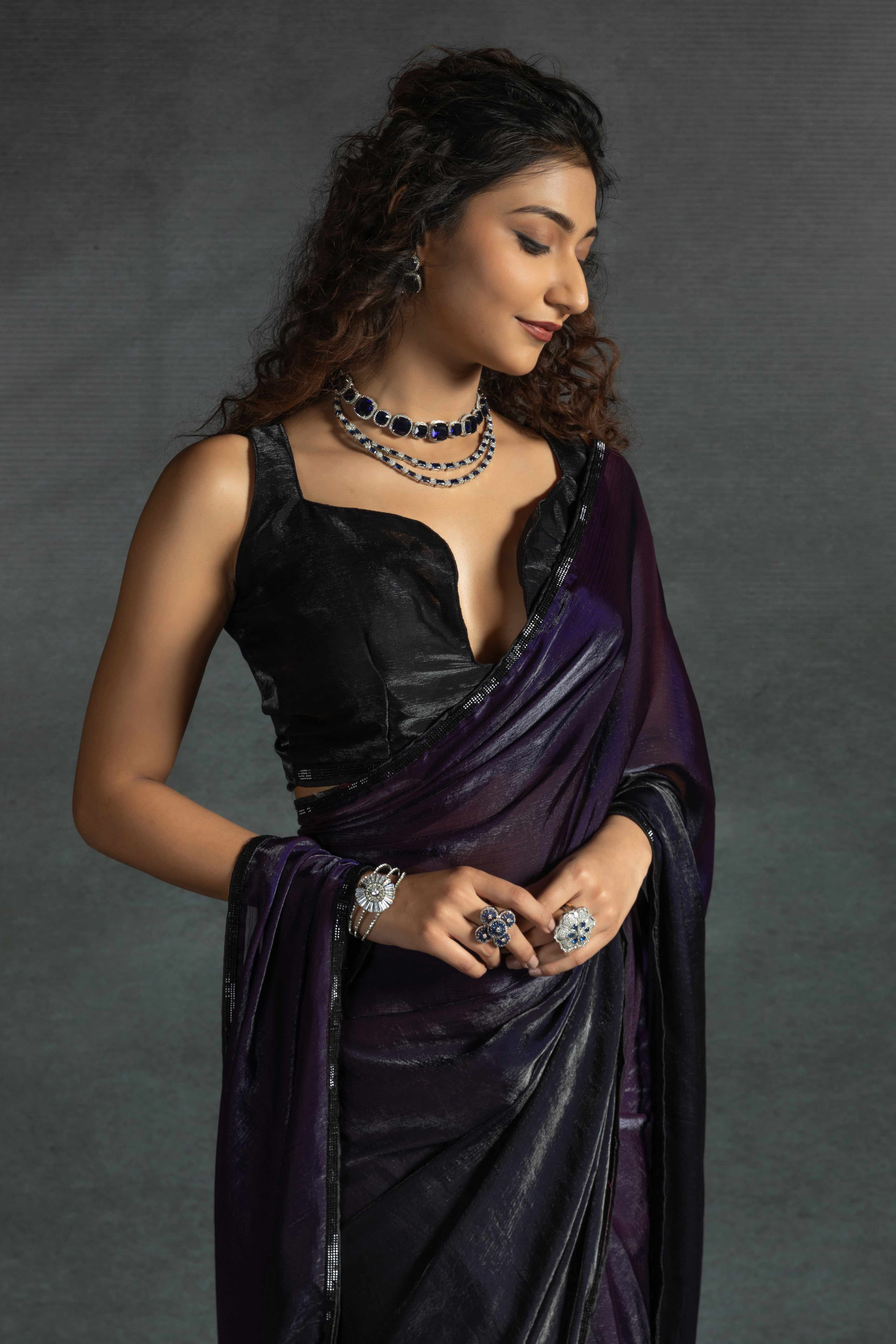 Violet Satin Ready To Wear Saree with Soft Ombre Tones and Intricate Stone Border