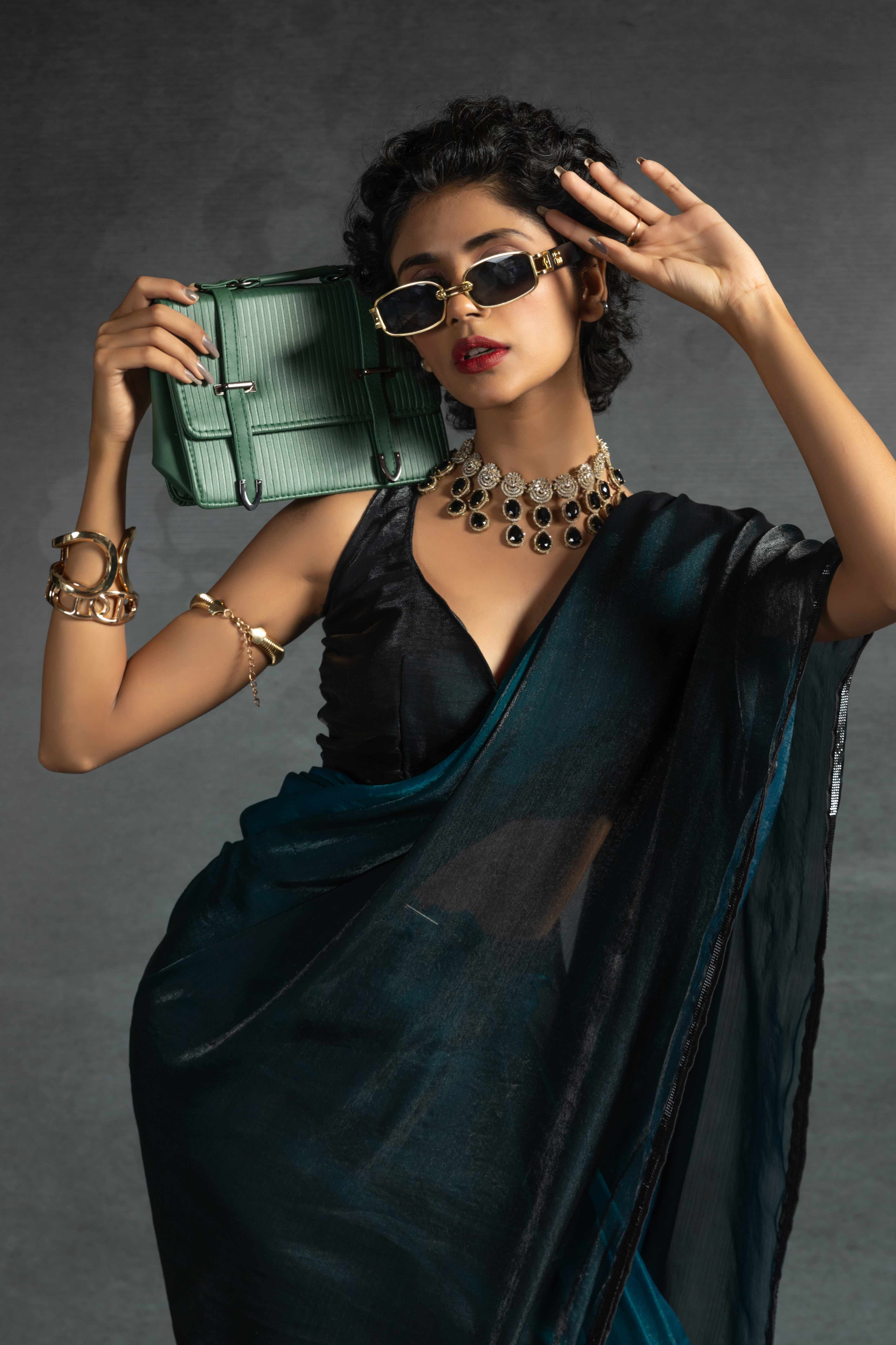 Teal Satin Ready To Wear Saree with Soft Ombre Tones and Intricate Stone Border - Image 5