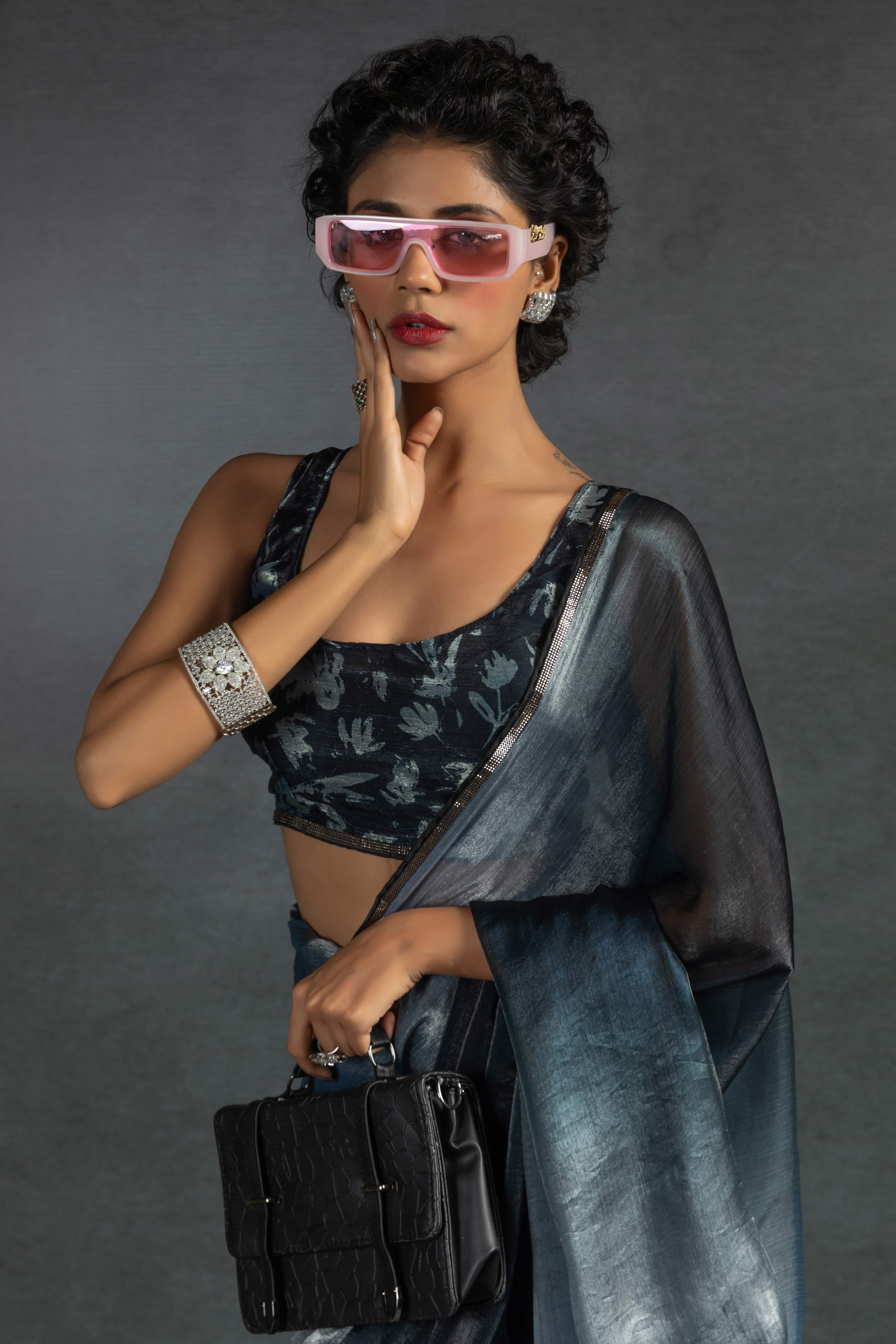 Bluish Grey Solid With Stone Work Satin Silk Ombre Ready To Wear Saree