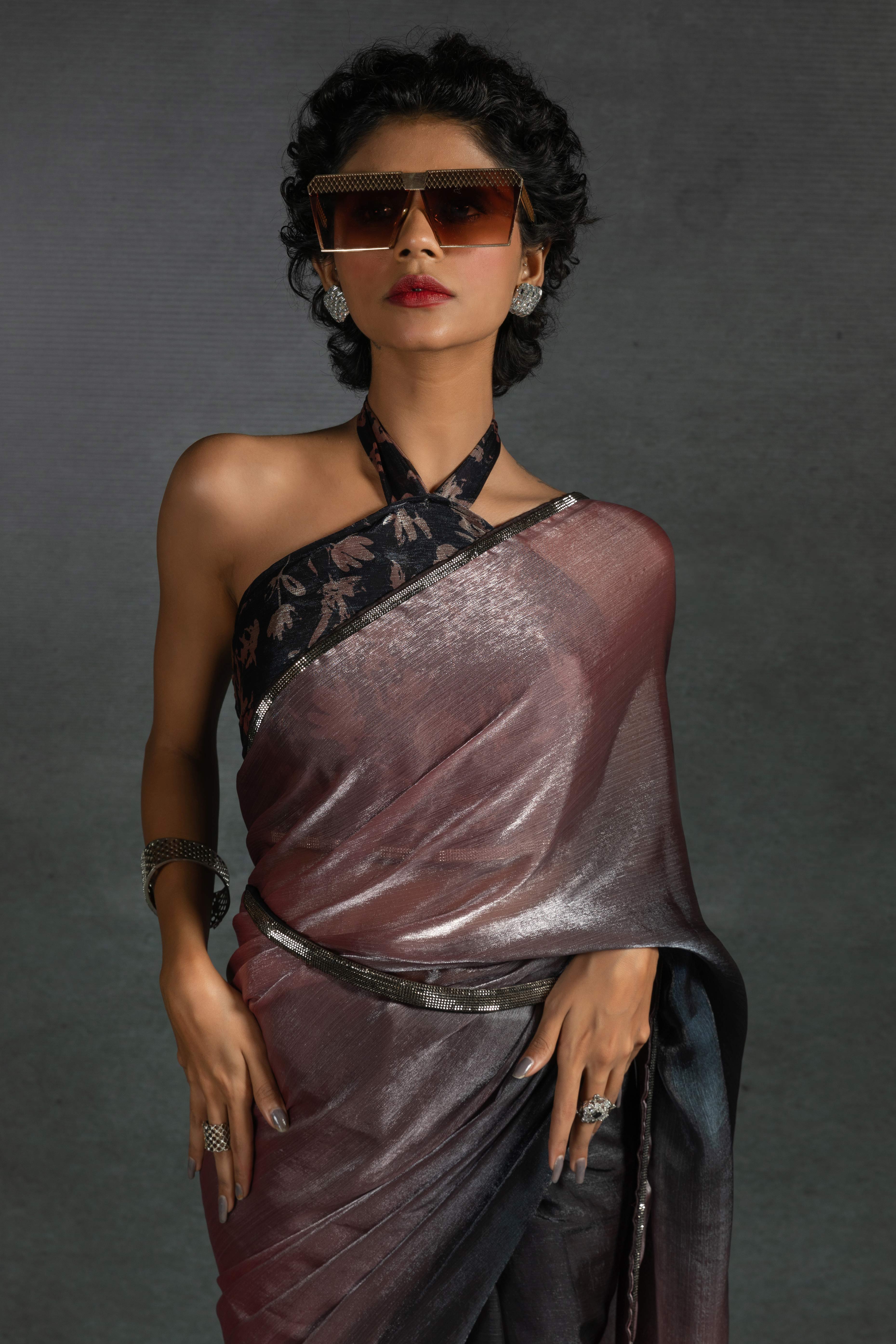 Onion Pink Solid With Stone Work Satin Silk Ombre Ready To Wear Saree