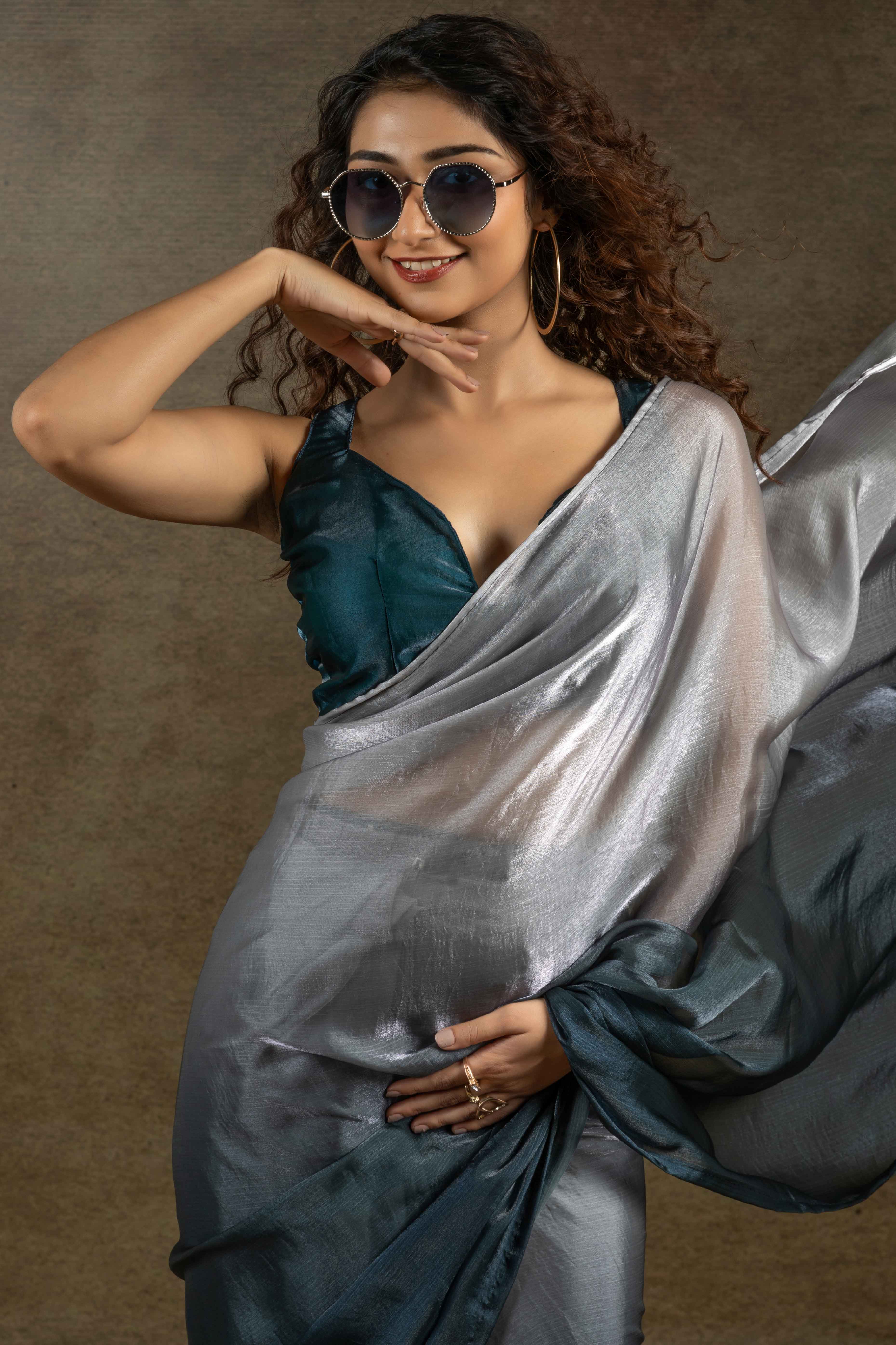 Grey & Teal Ombre Satin Saree in Solid Finish with Ready-to-Wear Silhouette