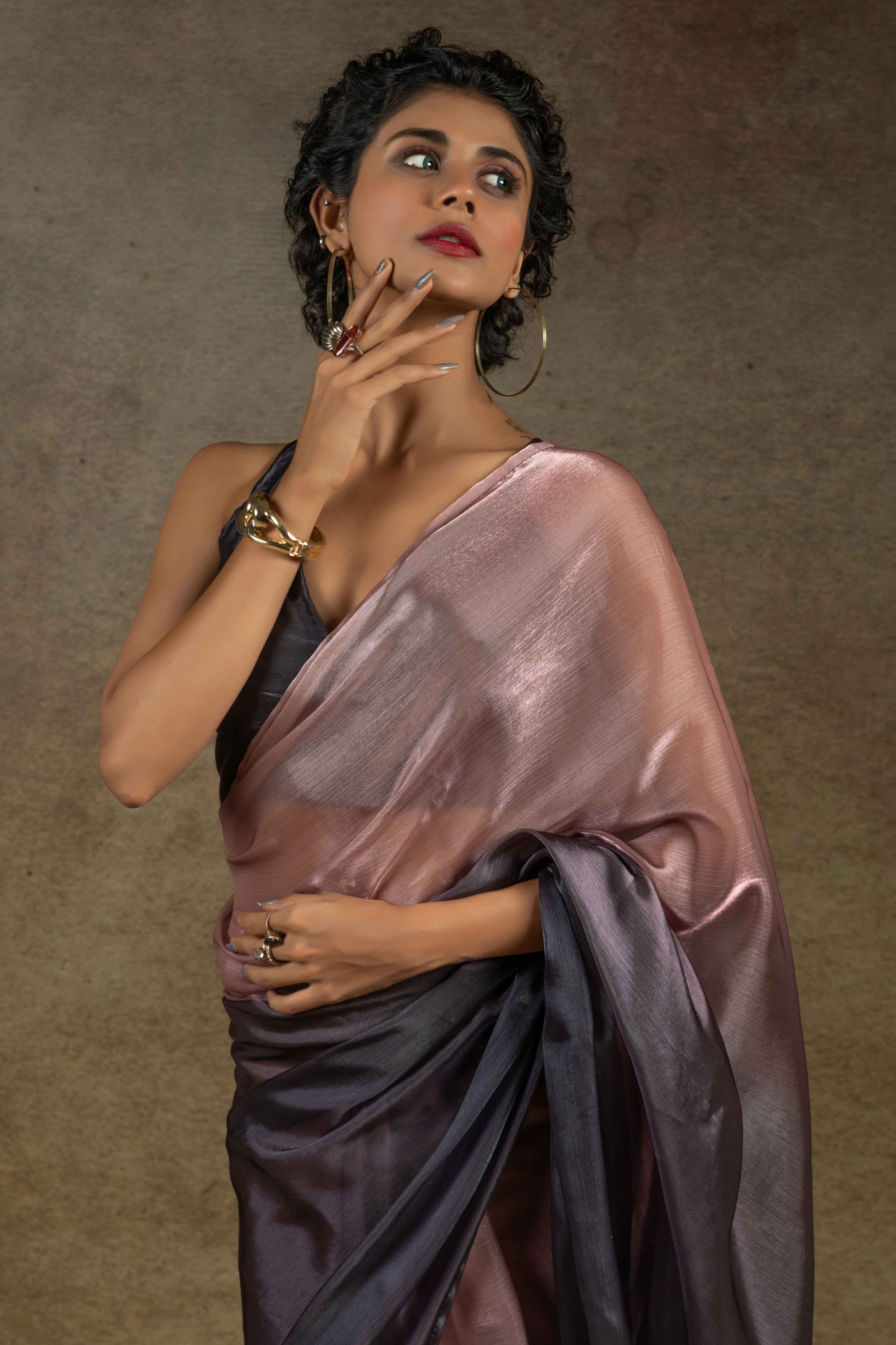 Peach & Brown Ombre Satin Saree in Solid Finish with Ready-to-Wear Silhouette