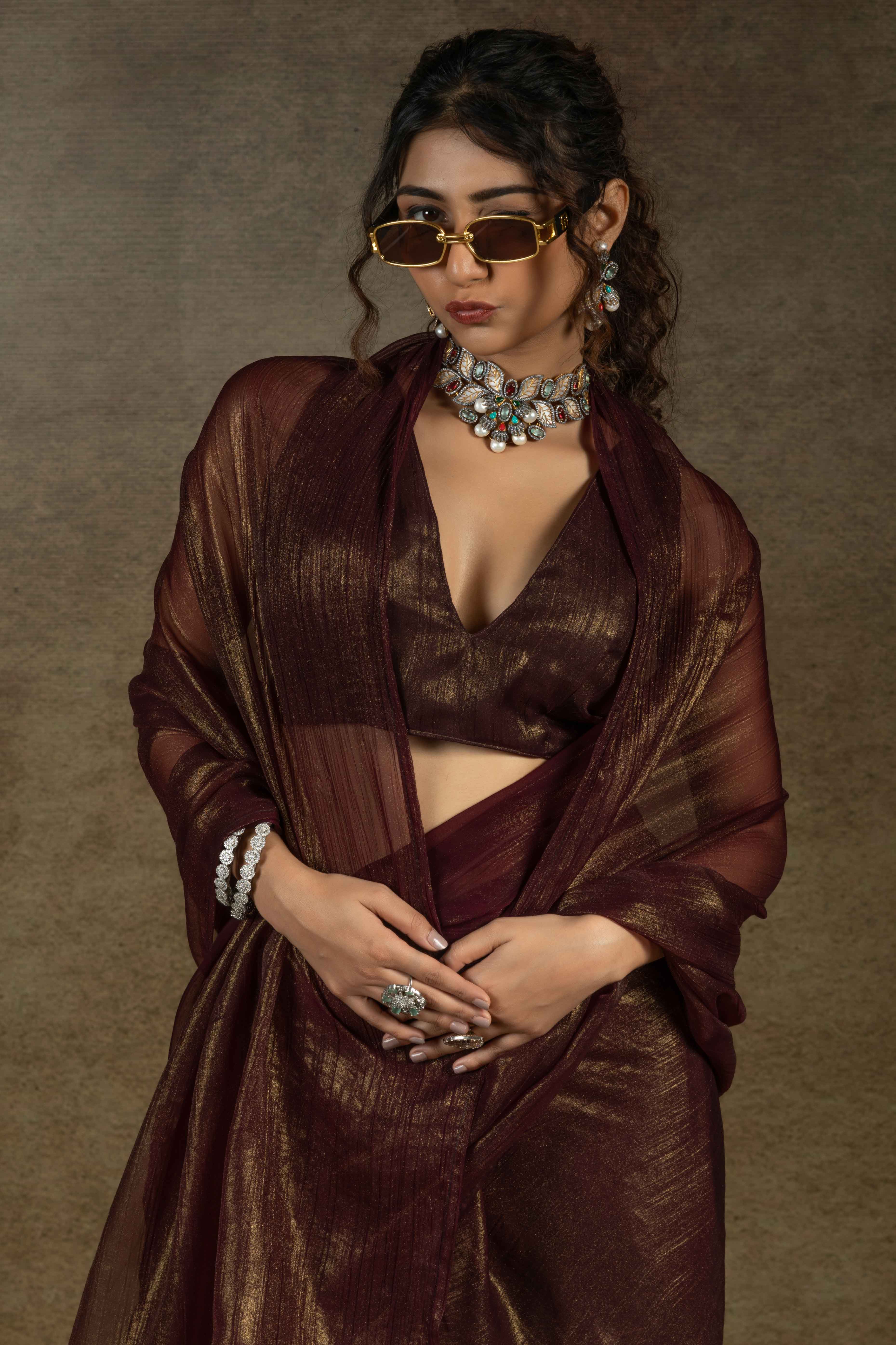 Brown Ready-to-Wear Chiffon Saree in Minimal Solid Pattern for a Classy Vibe