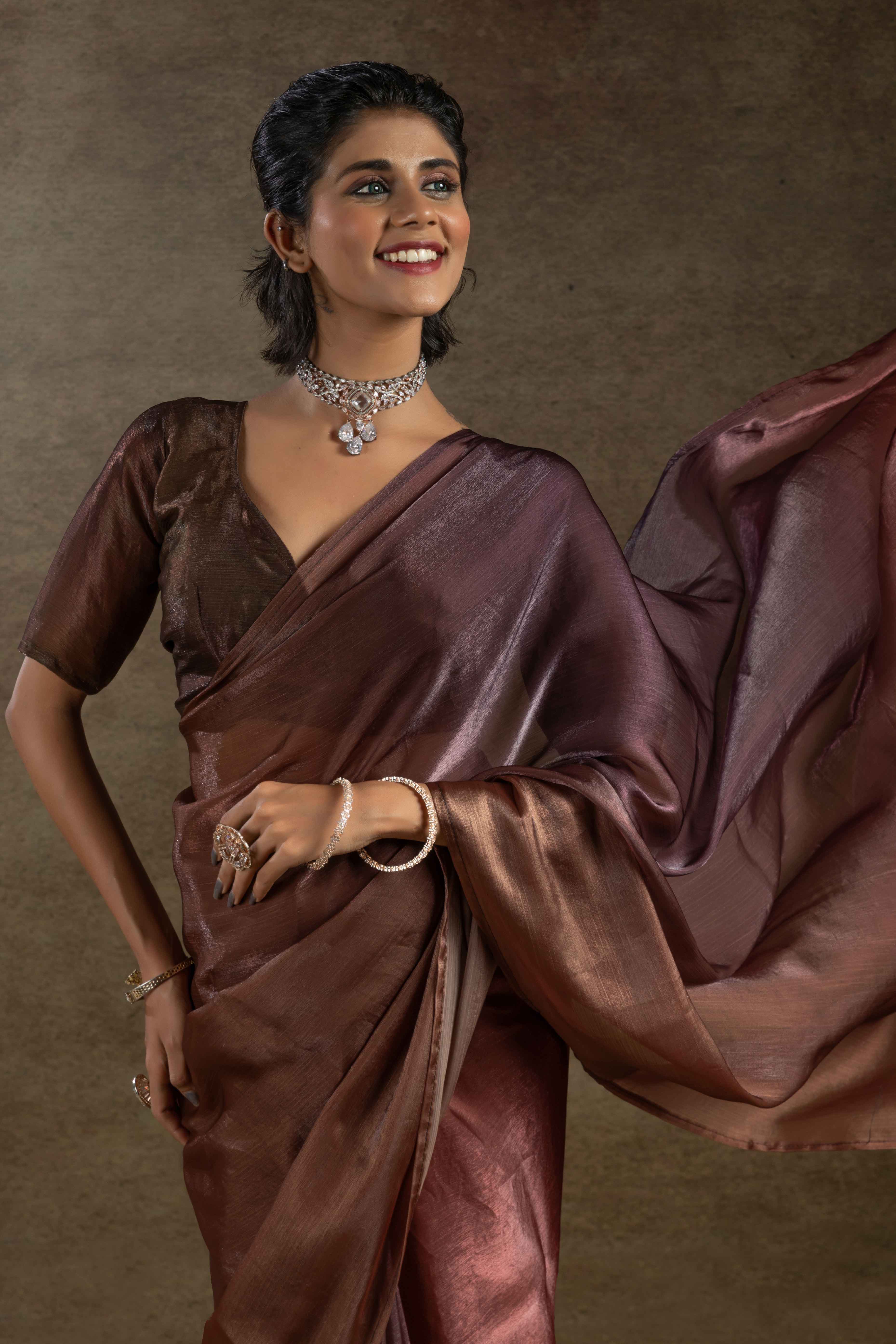 Brown Ready-to-Wear Chiffon Saree in Minimal Solid Pattern for a Classy Vibe