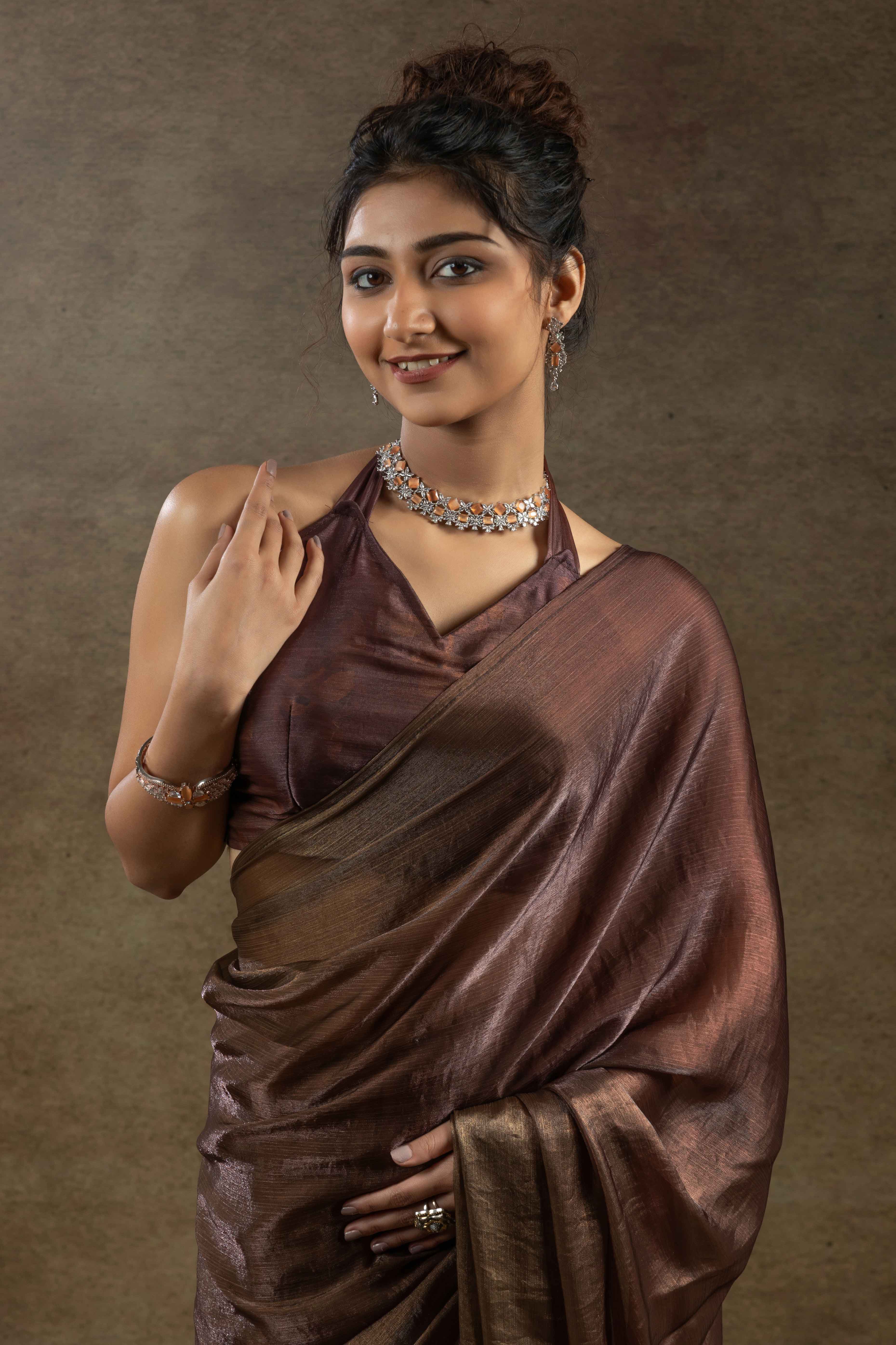 Coffee Brown Ready-to-Wear Chiffon Saree in Minimal Solid Pattern for a Classy Vibe