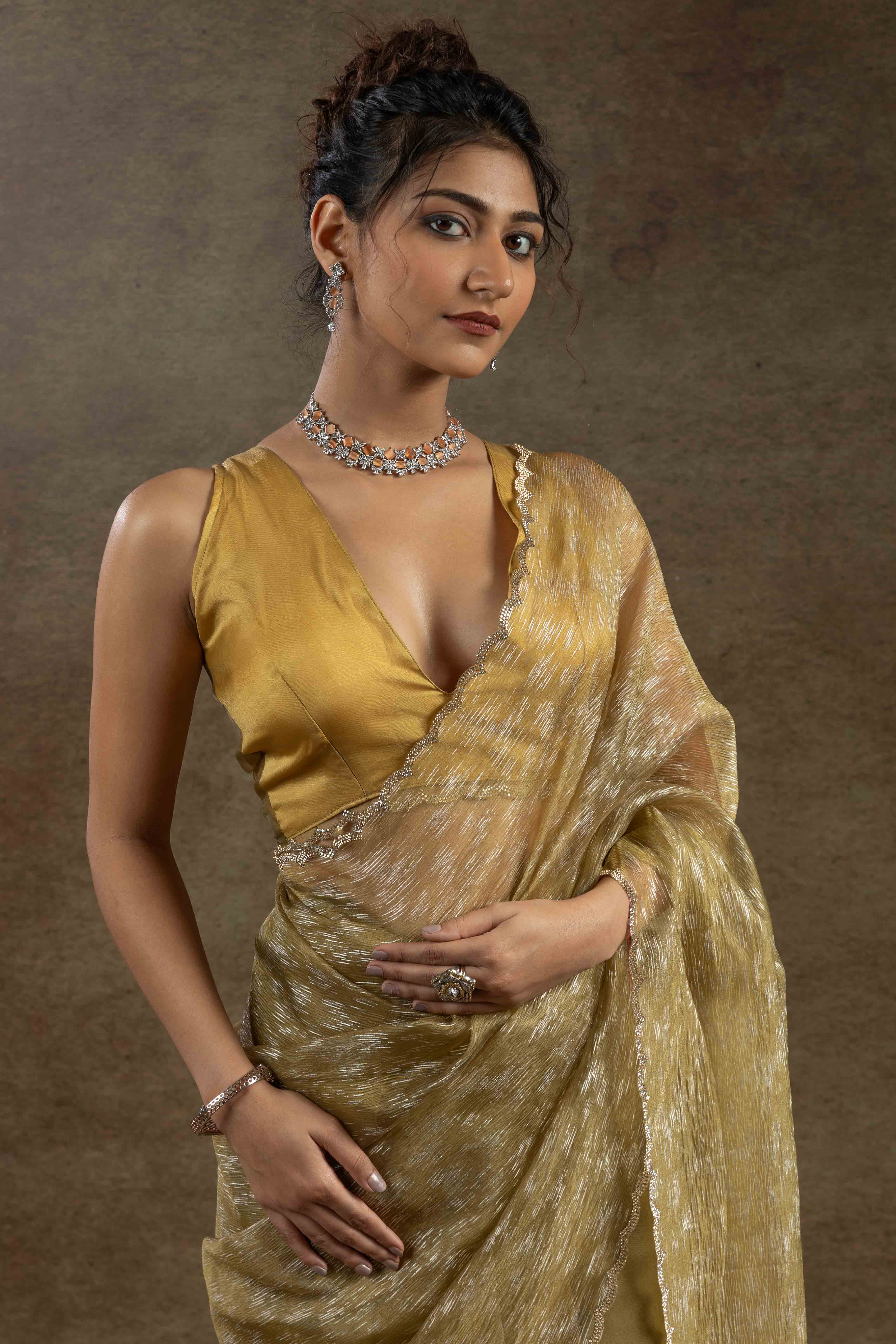 Golden Yellow Crush Foil Print With Delicate Zarkan Border Organza Ready To Wear Saree