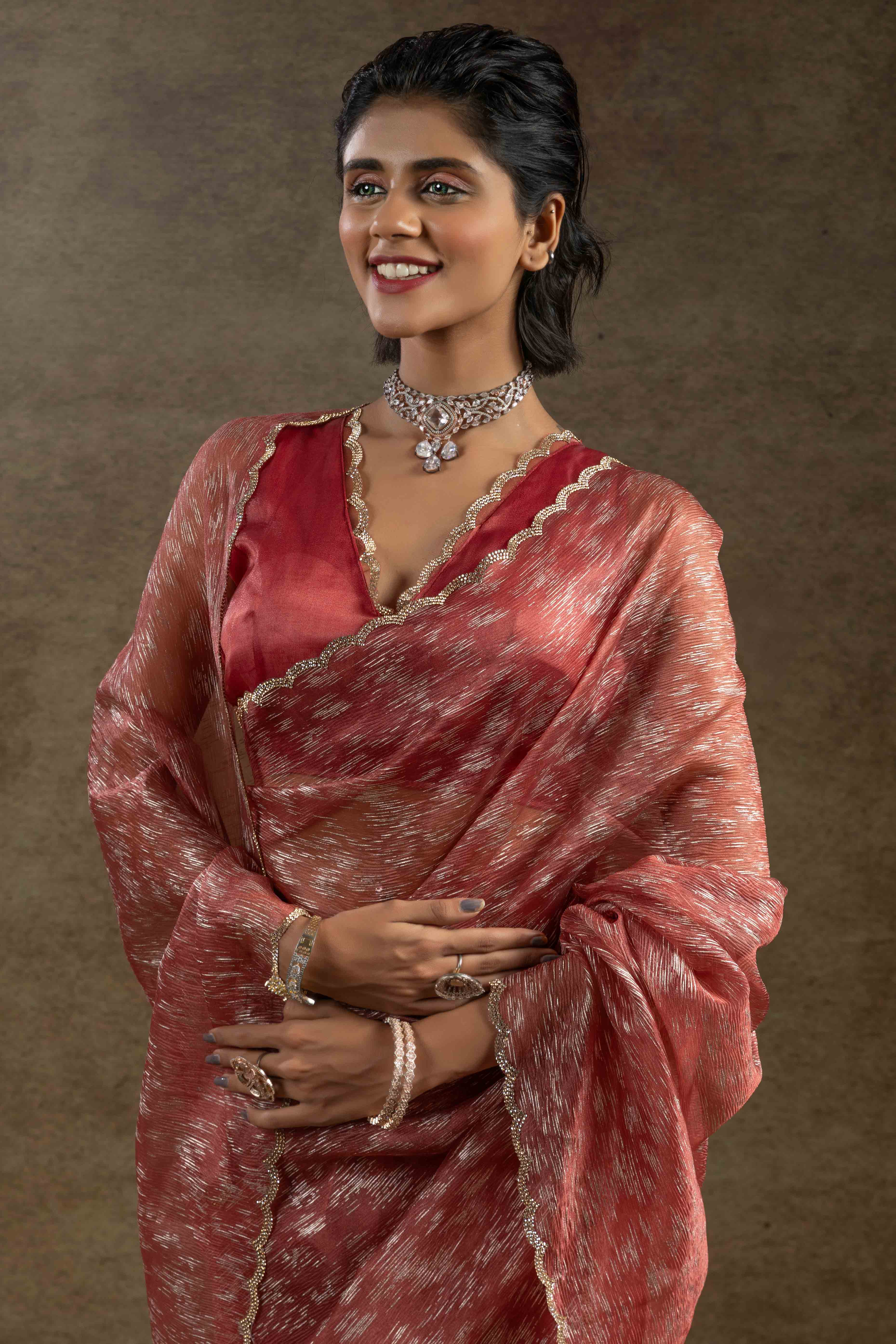 Dark Peach Crush Foil Print With Delicate Zarkan Border Organza Ready To Wear Saree