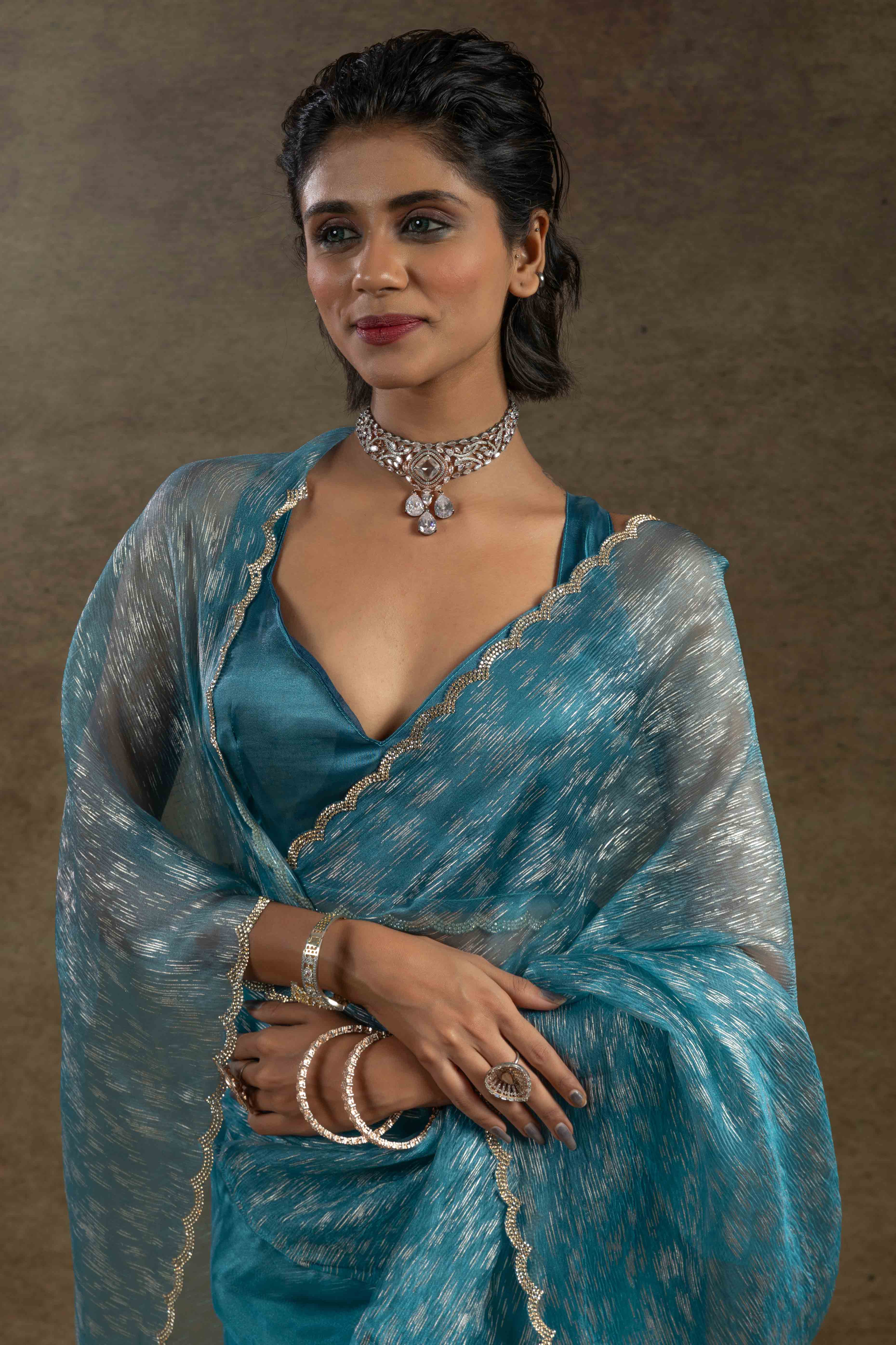 Blue Crush Foil Print With Delicate Zarkan Border Organza Ready To Wear Saree