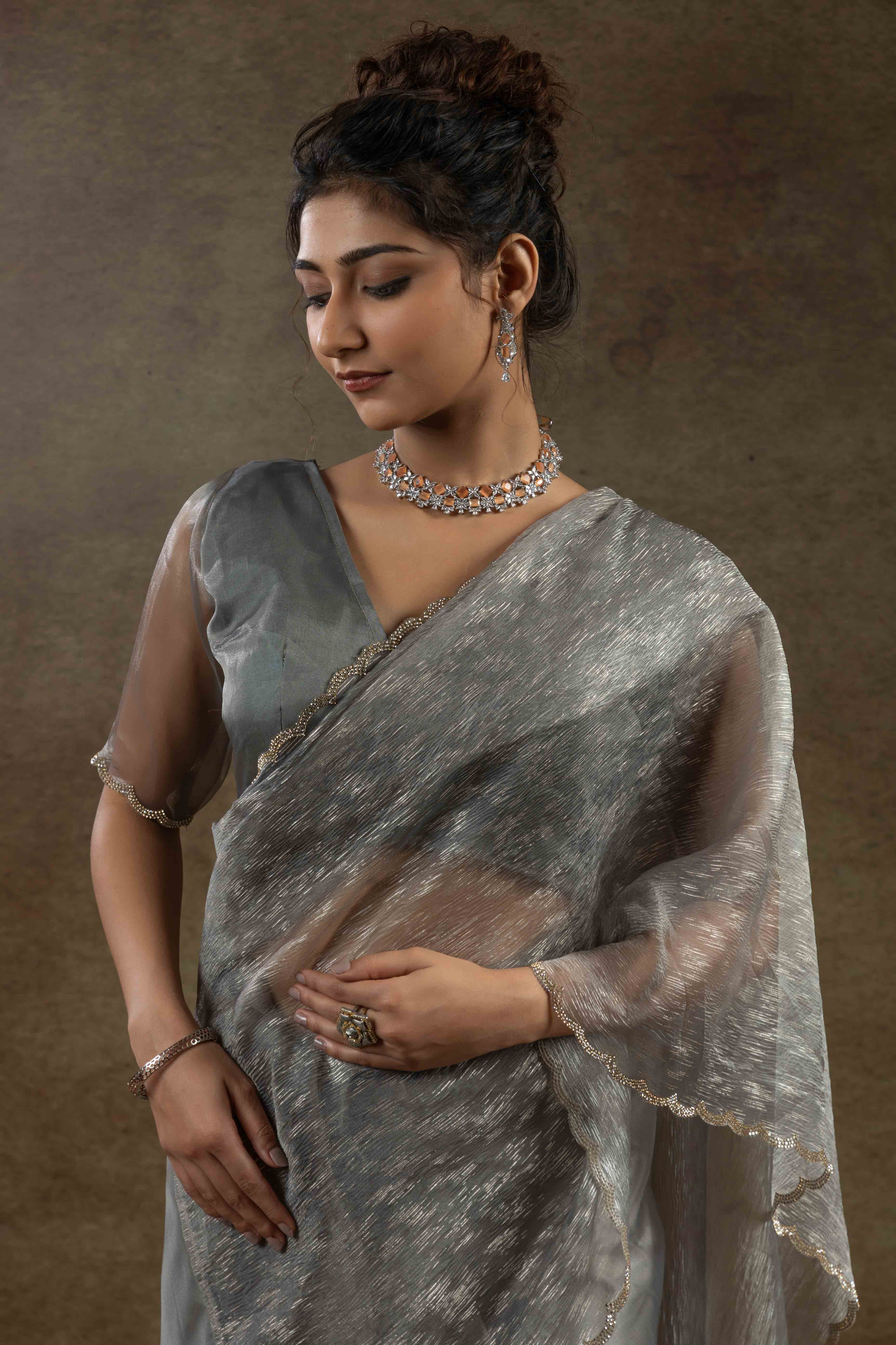 Grey Crush Foil Print With Delicate Zarkan Border Organza Ready To Wear Saree