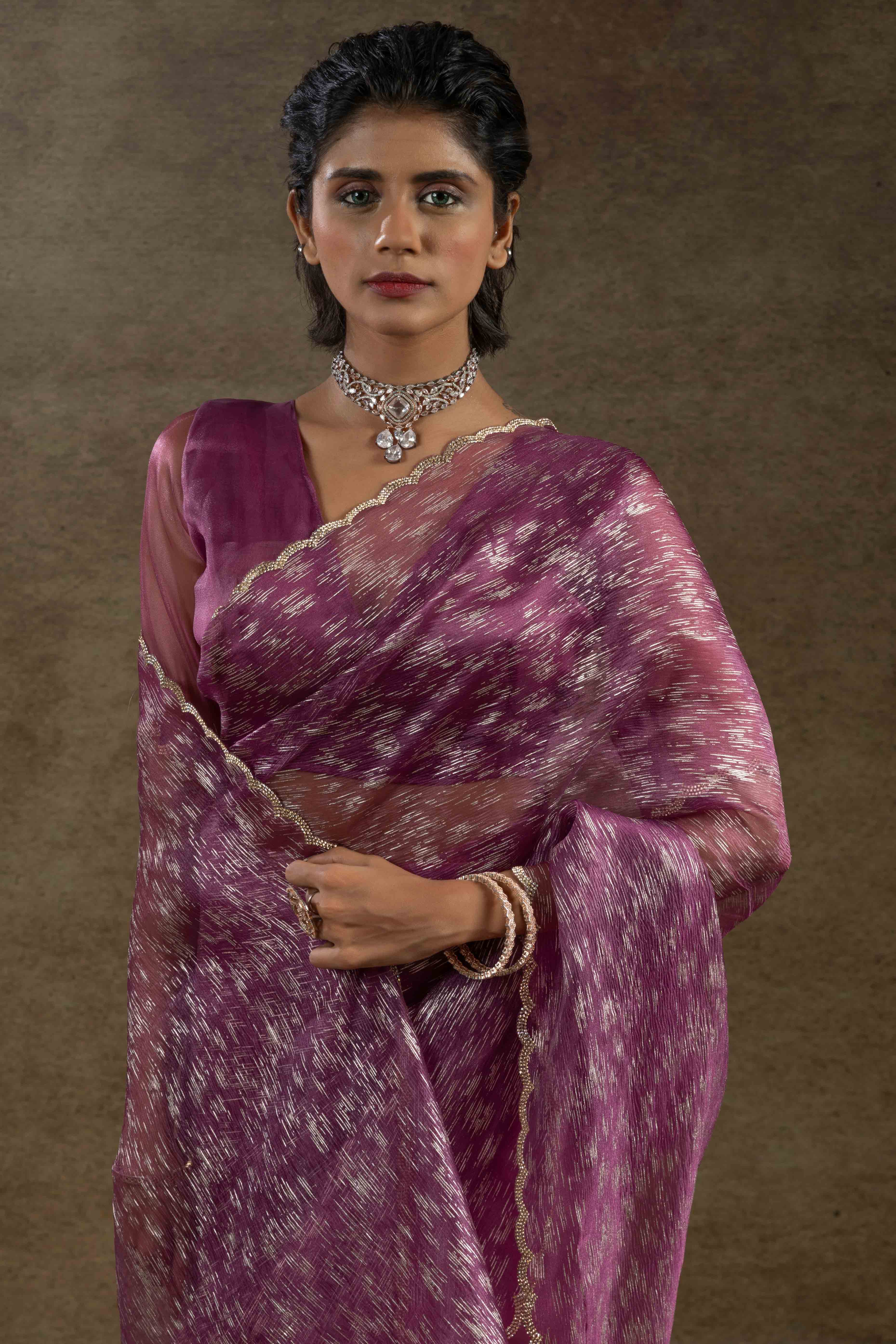 Purple Crush Foil Print With Delicate Zarkan Border Organza Ready To Wear Saree
